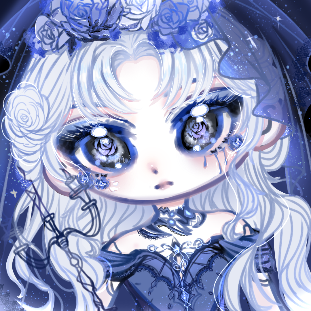 infinity nikki, nikki (series), chinese commentary, commentary request, 1girl, aligao, bare shoulders, black background, black choker, black eyes, blue dress, blue eyeliner, blue flower, blue rose, blue theme, blue veil, bridal veil, bride, candle, candlestand, chibi, choker, closed mouth, crying, crying with eyes open, dot nose, dress, eyeliner, eyeshadow, facial tattoo, fire, flower, flower in eye, flower tattoo, frown, glitter, grey eyeshadow, hair flower, hair ornament, lace-trimmed choker, lace trim, light blush, lipstick, long hair, long sidelocks, makeup, mascara, nameless selfless (infinity nikki), off-shoulder dress, off shoulder, pink lips, rose, runny makeup, sad, short sleeves, sidelocks, simple background, solo, sparkle, symbol in eye, tattoo, teardrop, tears, upper body, veil, very big eyes, very long hair, wavy hair, wedding dress, white flower, white hair, white rose