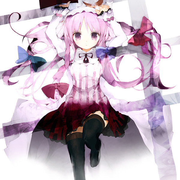 tsuki yuuhi, patchouli knowledge, touhou, md5 mismatch, 1girl, arms up, female focus, lying, on back, solo, thighhighs, zettai ryouiki