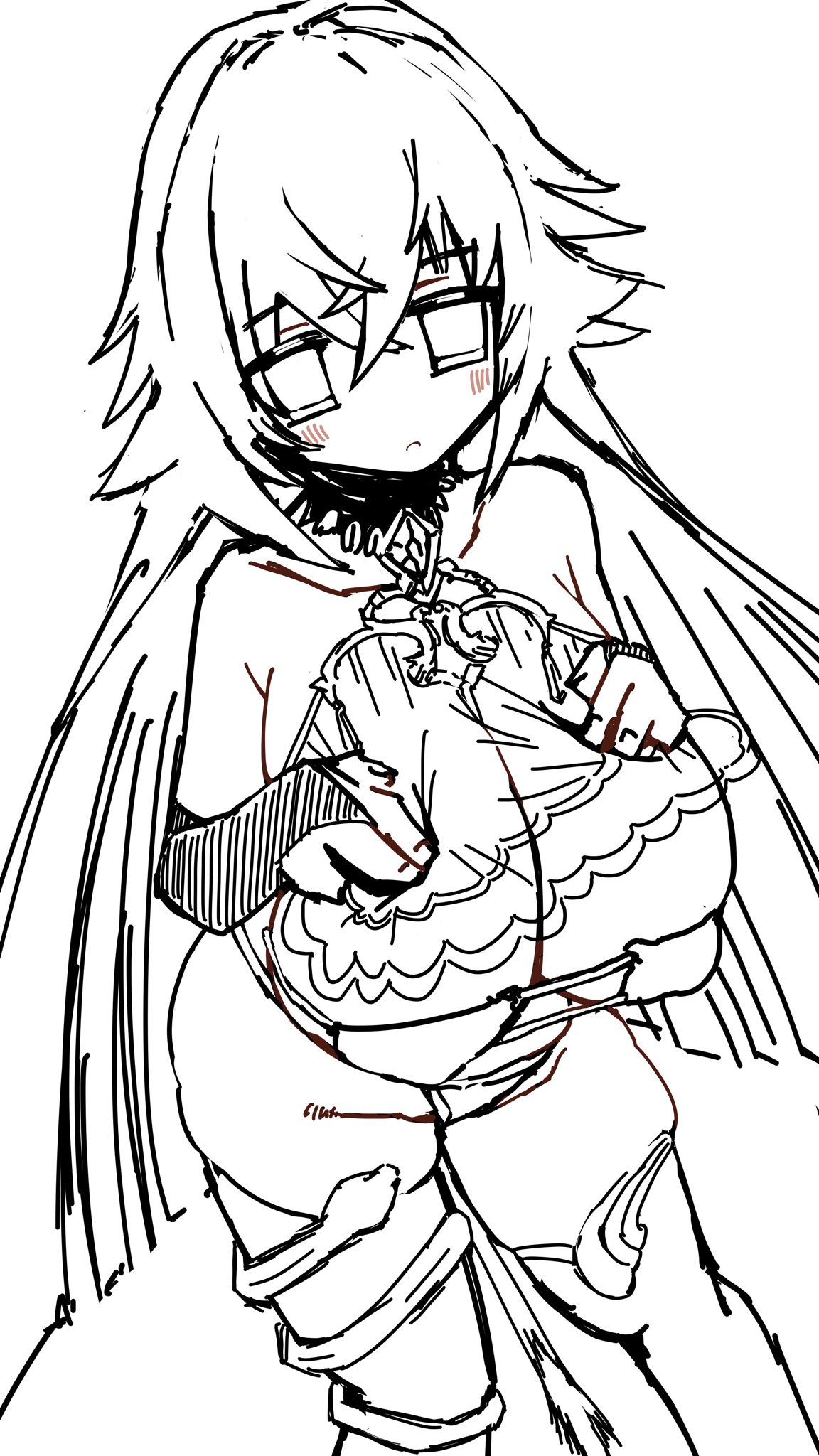 user xmsj2855, magic mirror (grimms notes), grimms notes, unfinished, 1girl, bare shoulders, breasts, crossed bangs, empty eyes, hair between eyes, huge breasts, long hair, monochrome, parted lips, solo, thighhighs, very long hair