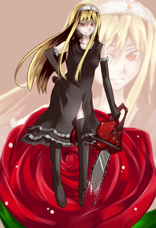 tori (minamopa), hime (kaibutsu oujo), kaibutsu oujo, 00s, blonde hair, blood, chainsaw, flower, long hair, red eyes, rose, tiara