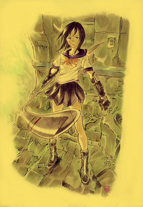 yoshida ken'ichi, houjou kuniko, shangri-la, 00s, 1girl, boomerang, female focus, full body, gauntlets, monochrome, motion lines, pleated skirt, sailor collar, school uniform, serafuku, skirt, solo, standing, yellow theme