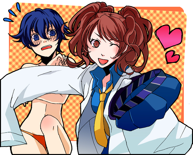 az0212, kujikawa rise, shirogane naoto, atlus, persona, persona 4, bad id, bad pixiv id, 2girls, androgynous, bikini, bikini bottom only, blue eyes, blue hair, blush, brown eyes, brown hair, cosplay, costume switch, hat, lab coat, multiple girls, necktie, newsboy cap, one eye closed, red hair, reverse trap, shirogane naoto (cosplay), swimsuit, topless female, twintails, wink