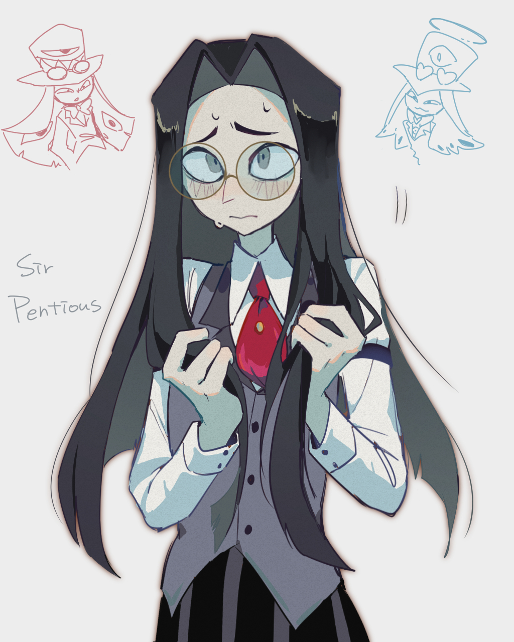 frion622, sir pentious, hazbin hotel, hellaverse, commentary request, highres, 3boys, black hair, black pants, blunt ends, blush, brown-framed eyewear, brown outline, buttons, character name, closed mouth, collared shirt, cowboy shot, cross-eyed, curtained hair, fewer digits, film grain, forehead, frown, glasses, grey background, grey eyes, grey pants, grey vest, halo, hands up, holding, holding own hair, long hair, long sidelocks, long sleeves, male focus, multiple boys, multiple persona, necktie, outline, pants, raised inner eyebrows, red necktie, round eyewear, shirt, sidelocks, simple background, sir pentious (angel), sir pentious (human), solo focus, standing, straight hair, striped clothes, striped pants, sweat, two-tone pants, vertical-striped clothes, vertical-striped pants, very long hair, vest, white shirt