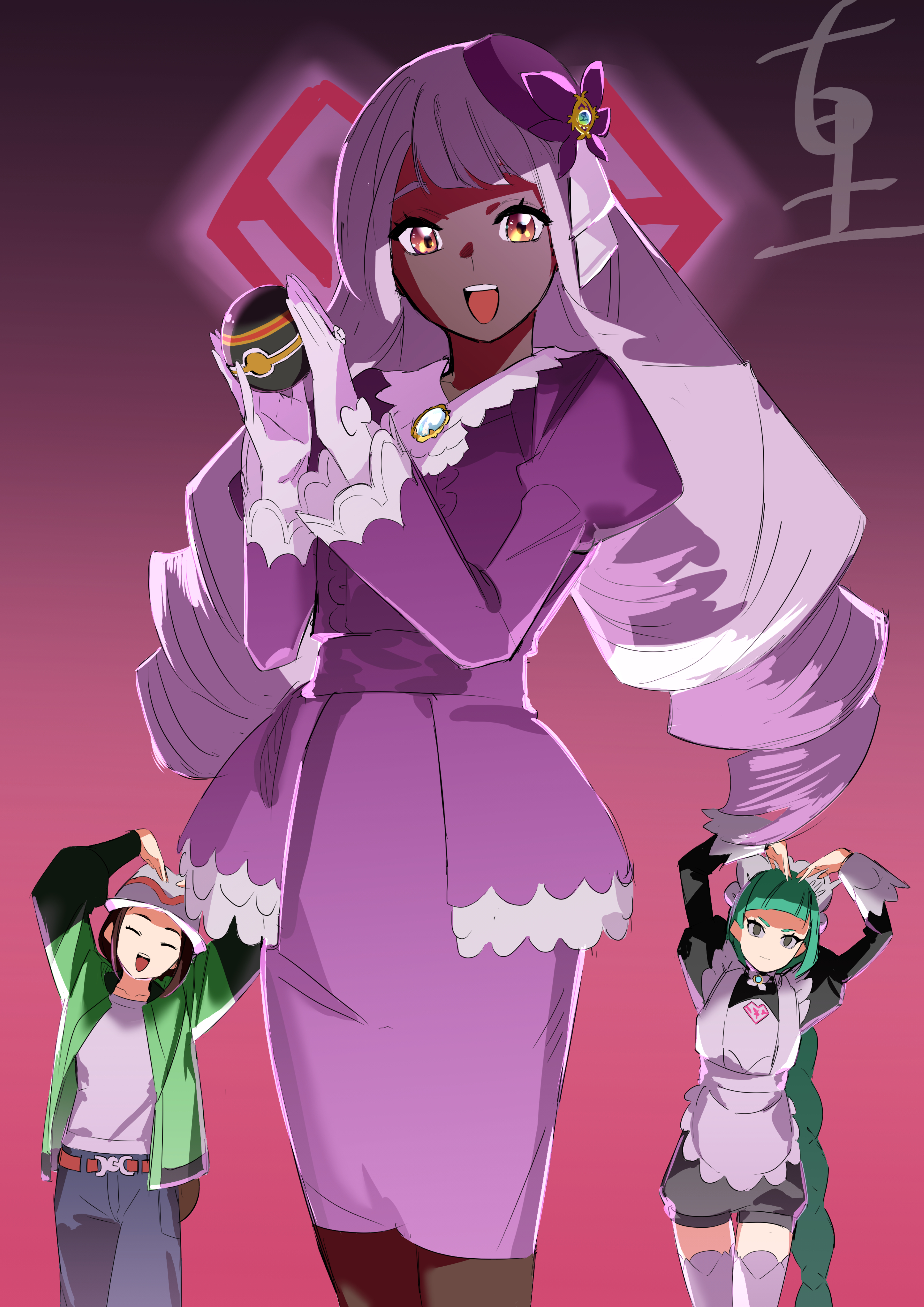 fccrcrvim924172, harmony (pokemon), jacinthe (pokemon), lebanne (pokemon), nintendo, pokemon, pokemon legends: z-a, absurdres, commentary request, highres, 3girls, :d, apron, belt, brown belt, dark-skinned female, dark skin, dress, eyelashes, gloves, green hair, green jacket, hands up, hat, holding, holding poke ball, jacket, long hair, luxury ball, multiple girls, open clothes, open jacket, open mouth, pants, poke ball, purple dress, shirt, smile, teeth, thighhighs, tongue, twintails, upper teeth only, yellow eyes