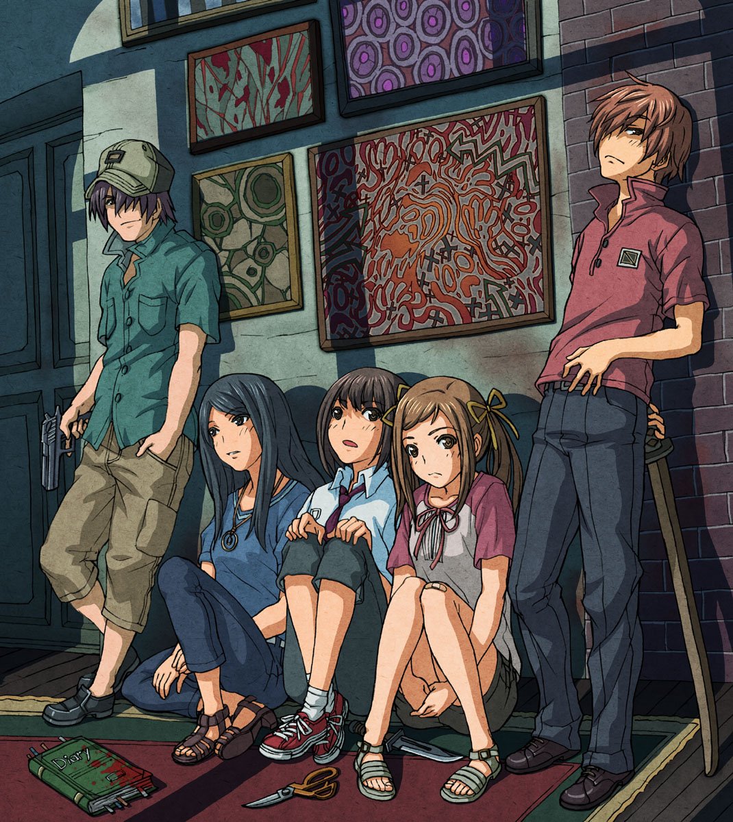 gig99, original, highres, 2boys, 3girls, black eyes, black hair, blood, bokken, brown eyes, brown hair, delinquent, diary, gun, hair over one eye, hair ribbon, hat, jewelry, knife, long hair, multiple boys, multiple girls, necklace, necktie, painting (object), purple hair, ribbon, sandals, scissors, short hair, shorts, sword, twintails, weapon, wooden sword