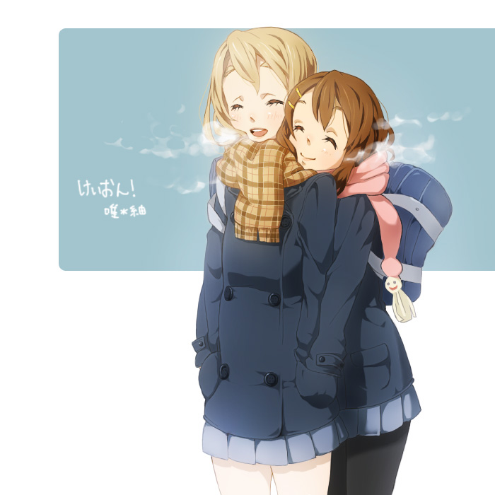 kurage (huwahuwaru n), hirasawa yui, kotobuki tsumugi, k-on!, bad id, bad pixiv id, 00s, 2girls, backpack, bag, blonde hair, breath, brown hair, closed eyes, coat, female focus, hair ornament, hairclip, hands in pockets, holding hands, long hair, multiple girls, pantyhose, plaid clothes, plaid scarf, randoseru, scarf, school uniform, shared pocket, short hair, skirt, smile, standing, winter clothes, winter coat, yuri