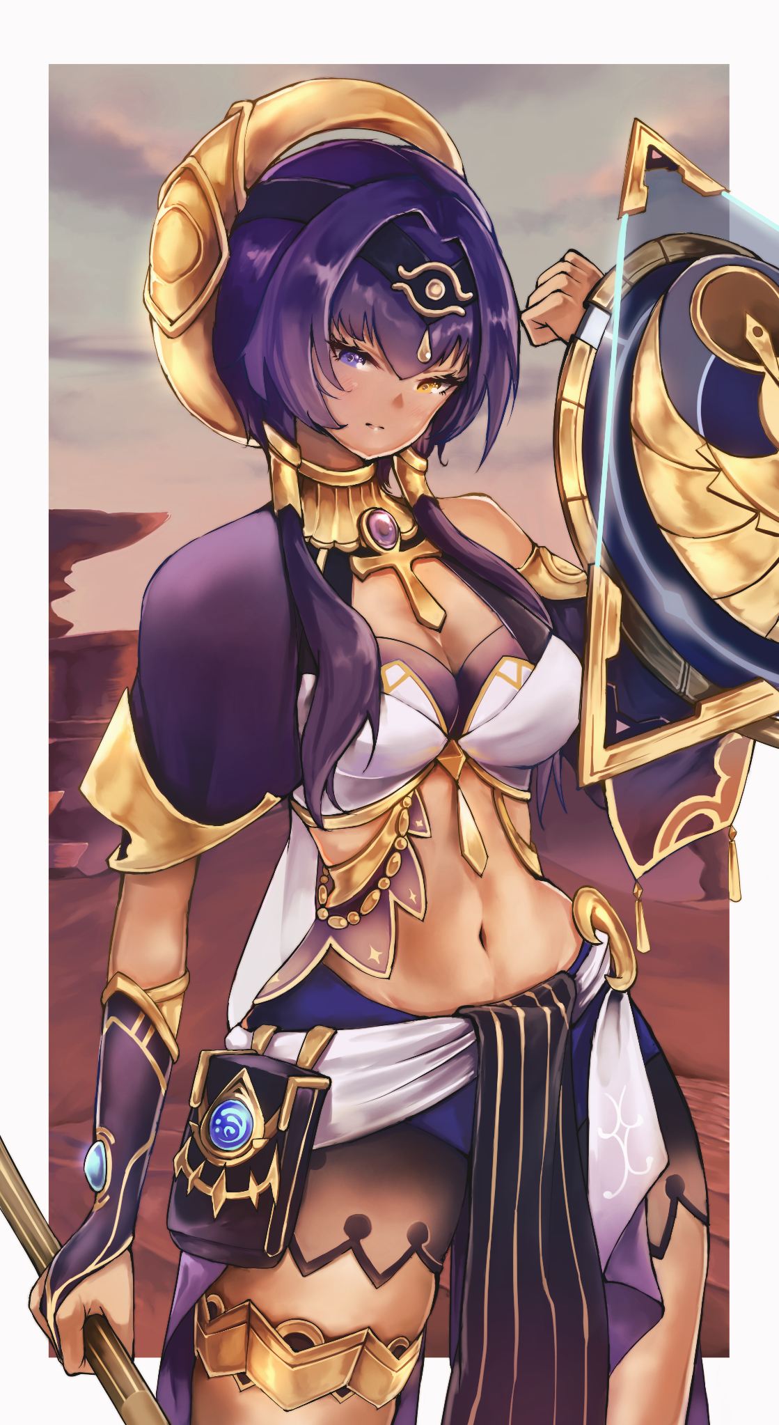 chehg, candace (genshin impact), genshin impact, highres, ancient egyptian, ancient egyptian clothes, ankh, blue eyes, blue hair, eye of horus, gold choker, heterochromia, holding, holding shield, jewelry, navel, neck ring, shield, short hair with long locks, yellow eyes