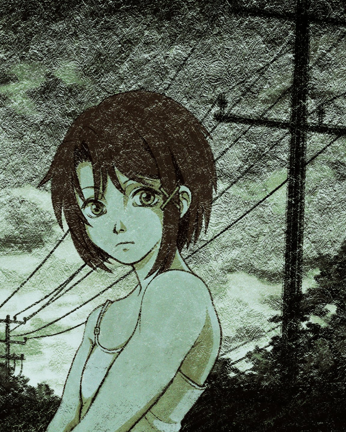 cryptidhermit, iwakura lain, serial experiments lain, commentary, english commentary, highres, 1girl, closed mouth, frown, hair ornament, looking at viewer, monochrome, outdoors, power lines, short hair, single sidelock, solo, upper body, utility pole, x hair ornament