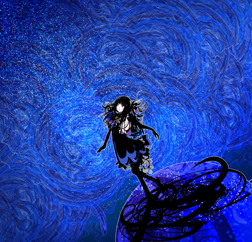 kazaana, original, 1girl, abstract, black hair, blue theme, dress, elbow gloves, female focus, gloves, goth fashion, monochrome, pale skin, pantyhose, shadow, solo