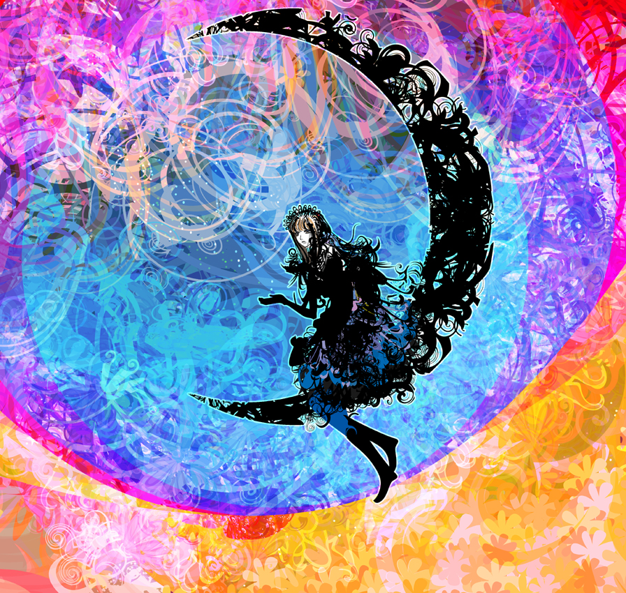 kazaana, original, 1girl, abstract, colorful, dress, female focus, goth fashion, moon, pale skin, psychedelic, shadow, sitting, solo