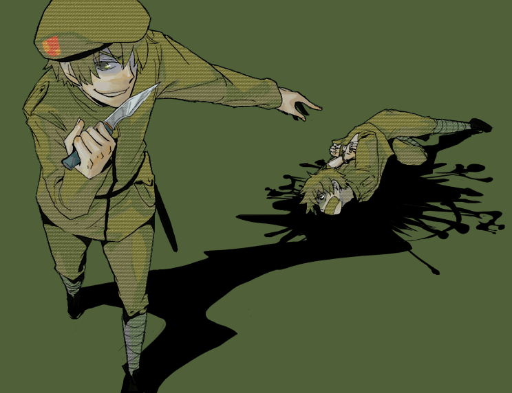 kouichi, flippy (happy tree friends), happy tree friends, 2boys, beret, dual persona, green hair, green theme, grin, hat, knife, male focus, military, military uniform, multiple boys, personification, restrained, smile