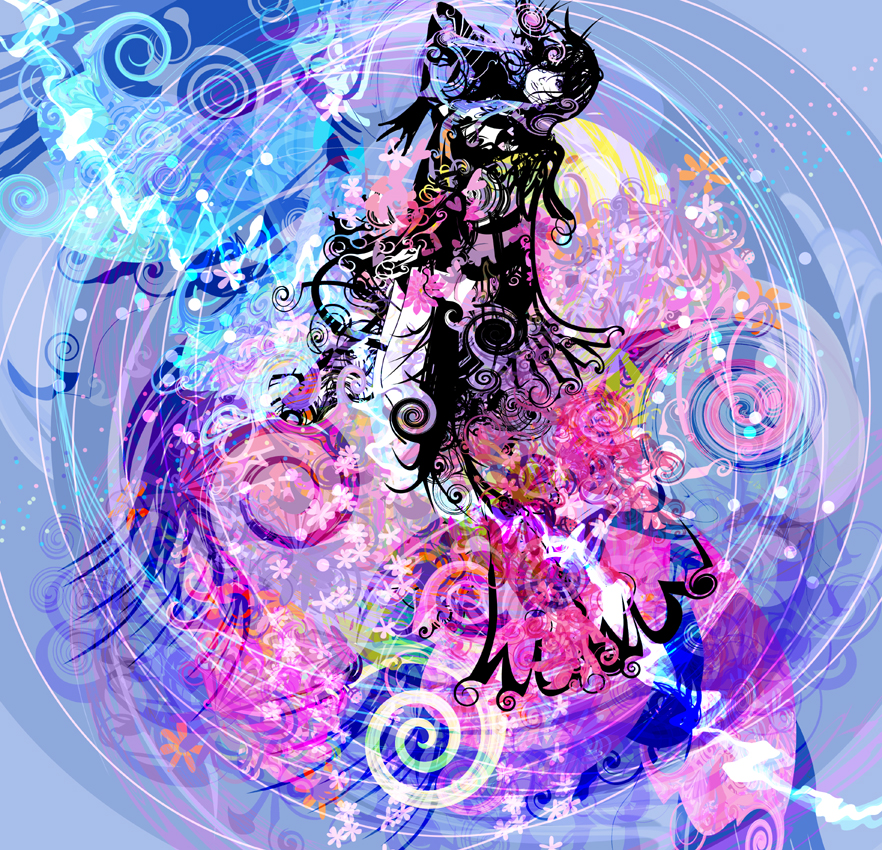 kazaana, original, 1girl, abstract, colorful, dress, female focus, goth fashion, pale skin, psychedelic, shadow, solo