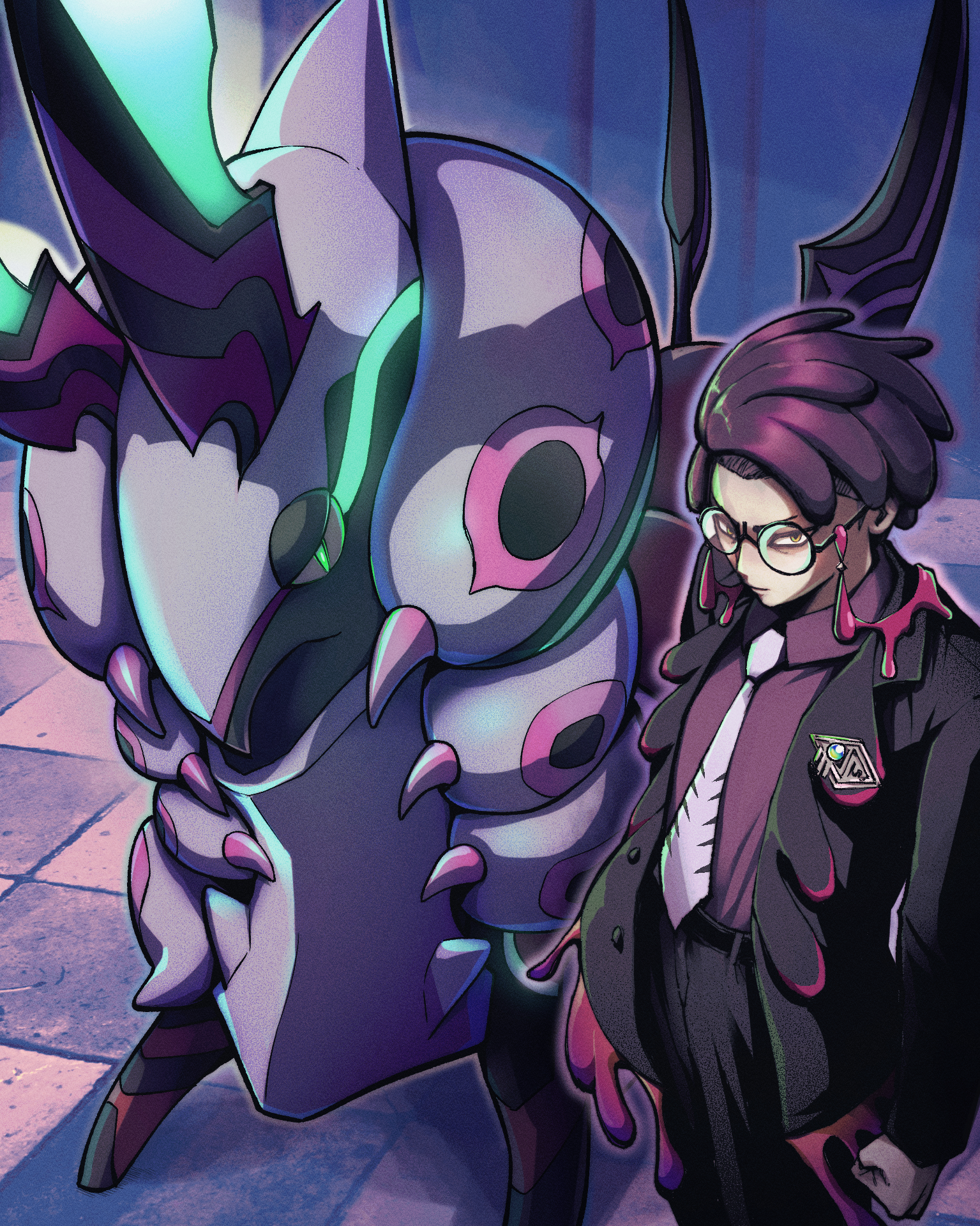 8ka8ui8, corbeau (pokemon), mega scolipede, scolipede, nintendo, pokemon, pokemon legends: z-a, commentary, highres, 1boy, black-framed eyewear, black jacket, black pants, clenched hand, closed mouth, collared shirt, gen 5 pokemon, glasses, jacket, male focus, necktie, open clothes, open jacket, pants, pokemon (creature), purple shirt, round eyewear, shirt, short hair, standing, white necktie, yellow eyes