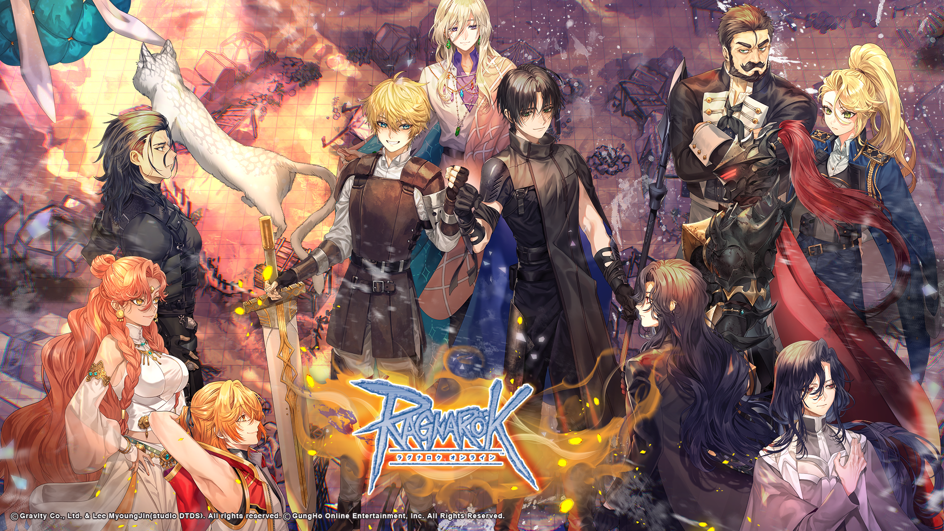 nikai (game artist), ragnarok online, highres, official art, official wallpaper, 2girls, 6+boys, armor, beard, black armor, black gloves, black hair, black jacket, black pants, black shirt, black vest, blonde hair, blue cloak, blue coat, breasts, brown cape, cape, cat, cloak, closed mouth, coat, copyright notice, crossed arms, epesto walther megas, facial hair, fingerless gloves, fist bump, full body, galaxia nerius, gloves, green eyes, grey cloak, grey pants, hair between eyes, helm, helmet, high ponytail, ilse el hein, ivan wigner, jacket, knight, lalaila nazar wigner, large breasts, leather armor, logo, long hair, looking at viewer, maristella walther, multiple boys, multiple girls, mustache, nyar (ragnarok online), orange hair, pants, pauldrons, plume, ponytail, red cape, reinhart lugenberg, richard richard, shirt, short hair, short sleeves, shoulder armor, smile, standing, tan (ragnarok online), tris (ragnarok online), two-sided cloak, two-sided fabric, vest, wavy hair, white cat, white shirt, wilhelm lugenberg