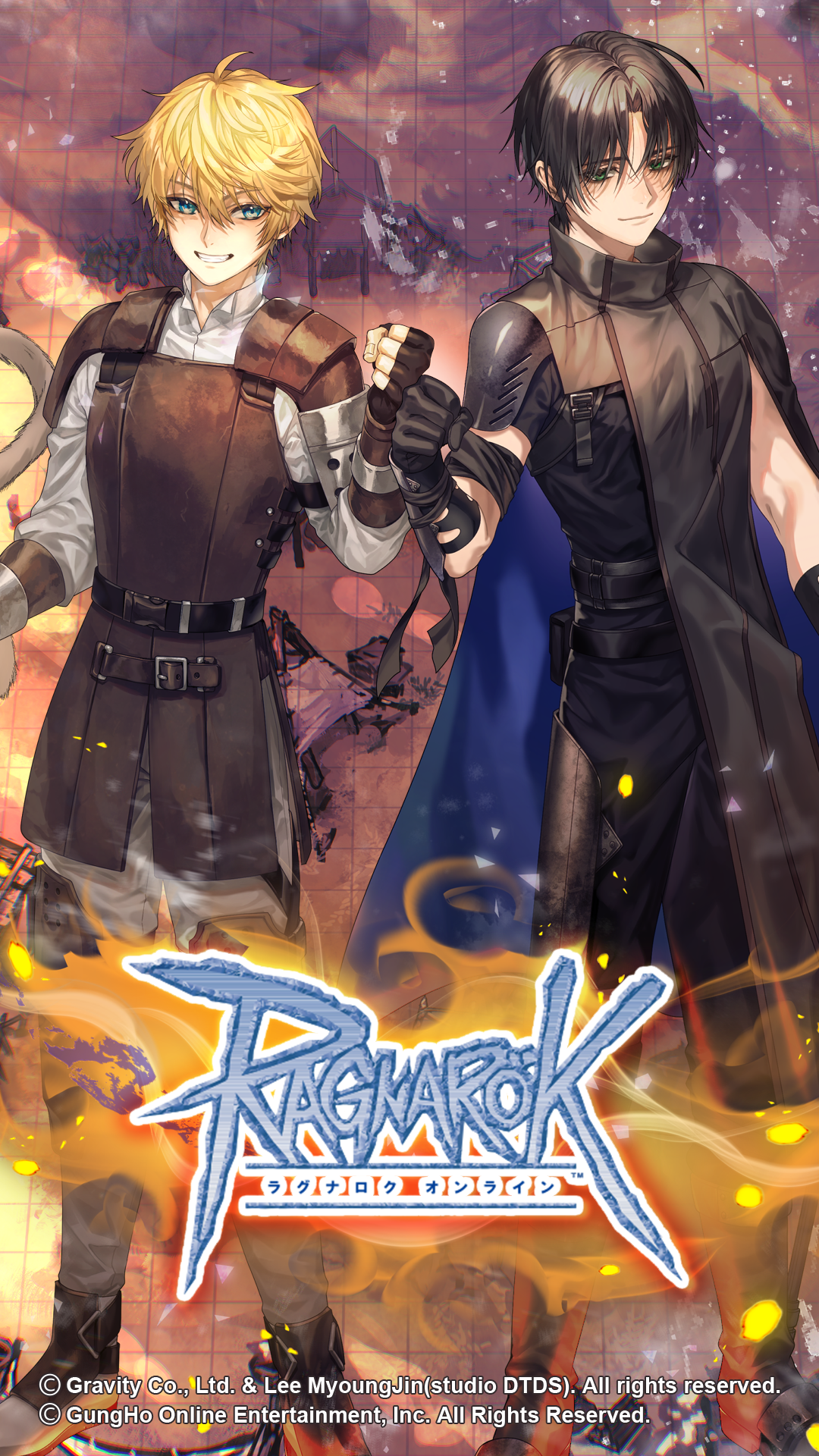 nikai (game artist), ragnarok online, highres, official art, official wallpaper, 2boys, armor, black gloves, black hair, black pants, black shirt, blonde hair, blue cloak, cloak, closed mouth, copyright notice, fingerless gloves, fist bump, full body, gloves, green eyes, grey cloak, grey pants, hair between eyes, leather armor, logo, looking at viewer, male focus, multiple boys, pants, pauldrons, shirt, short hair, short sleeves, shoulder armor, smile, standing, tan (ragnarok online), tris (ragnarok online), two-sided cloak, two-sided fabric, white shirt