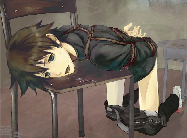 1boy, bdsm, bent over, blue eyes, bondage, bound, brown hair, chair, clothes pull, desk, indoors, kneeling, male focus, open mouth, pants, pants pull, saliva, school uniform, shibari, shoes, solo, uwabaki
