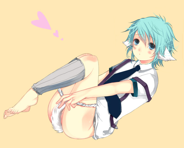 animal ears, barefoot, blue eyes, blue hair, blush, bottomless, cat boy, cat ears, cat tail, covering privates, leg warmers, male focus, messy hair, necktie, suspenders, tail