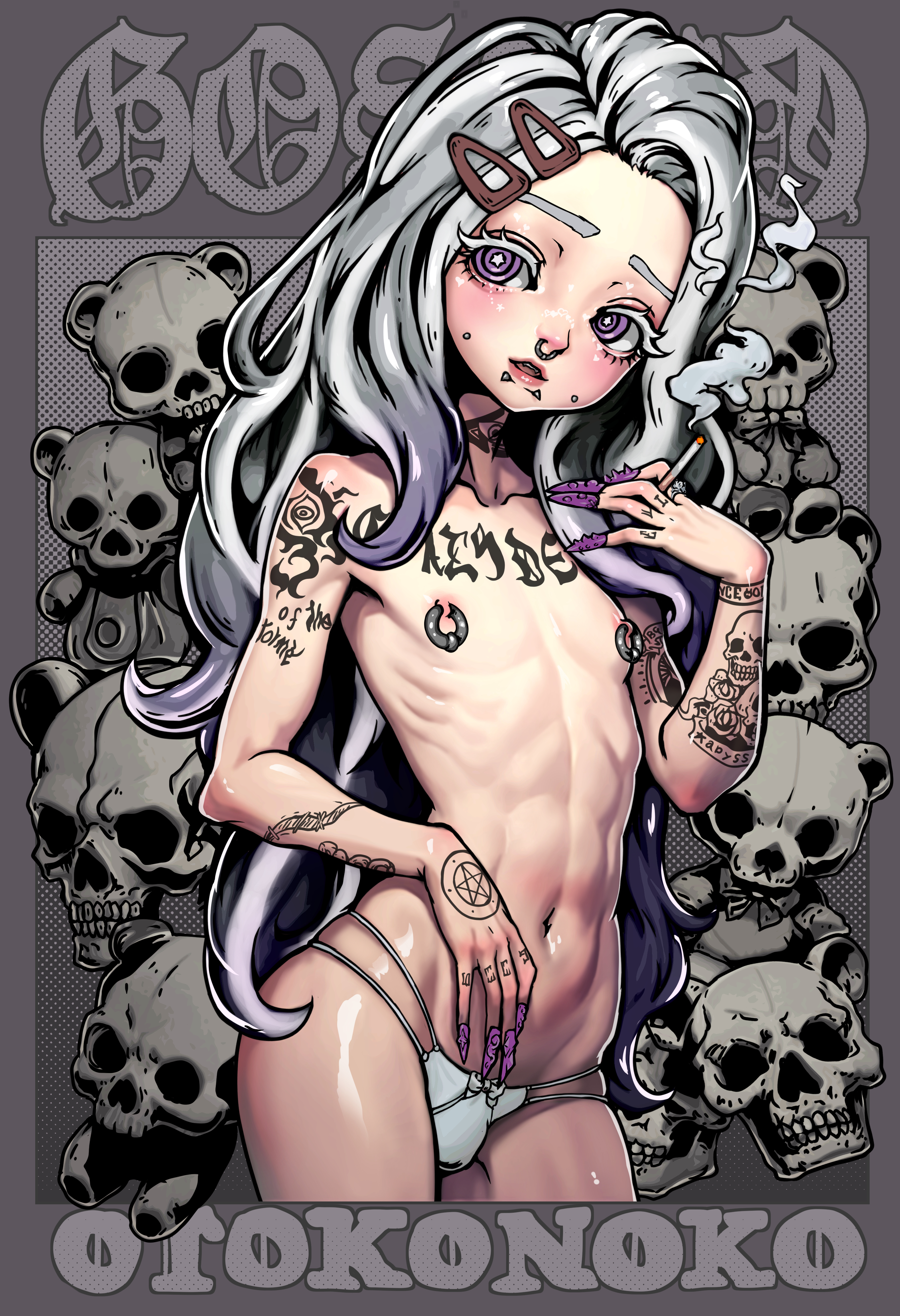 nero (jirojirorororn), original, silver ring, absurdres, highres, 1boy, abs, aegyo sal, arm tattoo, bishounen, blush, border, bow, bow panties, bright pupils, bulge, captive bead ring, cheek piercing, chest tattoo, cigarette, collarbone, colored eyelashes, contrapposto, cropped legs, curly hair, curtained hair, eyelashes, face piercing, finger tattoo, fingernails, flower tattoo, gradient hair, grey background, grey border, hair ornament, hair over shoulder, hairclip, halftone, halftone background, hand on own stomach, hand tattoo, hand up, head tilt, heart, heart on cheek, heart sticker, holding, holding cigarette, light smile, lips, long fingernails, long hair, looking at viewer, male focus, multi-strapped panties, multicolored hair, nail art, navel, neck tattoo, nipple piercing, nipple rings, nipples, nose piercing, nose ring, nude, outside border, panties, panty bulge, parted hair, parted lips, pentagram, pentagram tattoo, piercing, pink lips, purple eyes, purple hair, purple nails, ribs, ringed eyes, romaji text, shoulder tattoo, skull, skull background, skull tattoo, smoke, snakebite (piercing), solo, standing, star-shaped pupils, star (symbol), star on cheek, star sticker, sticker, sticker on face, stuffed animal, stuffed toy, symbol-shaped pupils, tareme, tattoo, teddy bear, teeth, thick eyebrows, too many piercings, too many tattoos, trap, tribal tattoo, turning head, underwear, upper teeth only, very long hair, white eyelashes, white hair, white panties, white pupils, wrist tattoo
