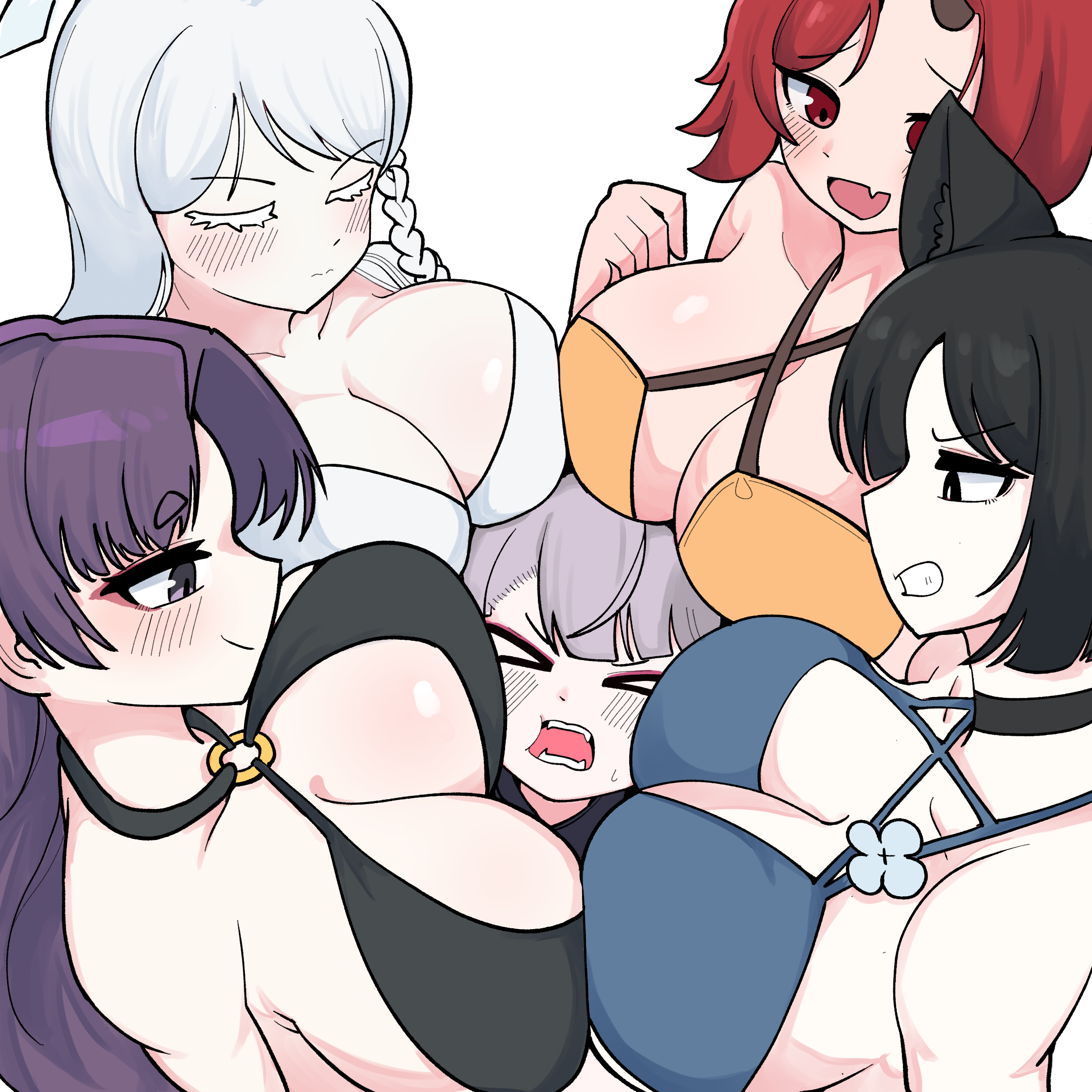 mago cats, kikyou (blue archive), kikyou (swimsuit) (blue archive), nagusa (blue archive), nagusa (swimsuit) (blue archive), renge (blue archive), renge (swimsuit) (blue archive), shuro (blue archive), yukari (blue archive), yukari (swimsuit) (blue archive), blue archive, highres, > <, 5girls, animal ears, bikini, black bikini, black eyes, black hair, blue bikini, blush, breasts, cat ears, cleavage, closed eyes, closed mouth, grey hair, large breasts, multiple girls, open mouth, purple eyes, purple hair, red eyes, red hair, short hair, simple background, smile, surrounded, surrounded by hands, swimsuit, white background, white hair, yellow bikini