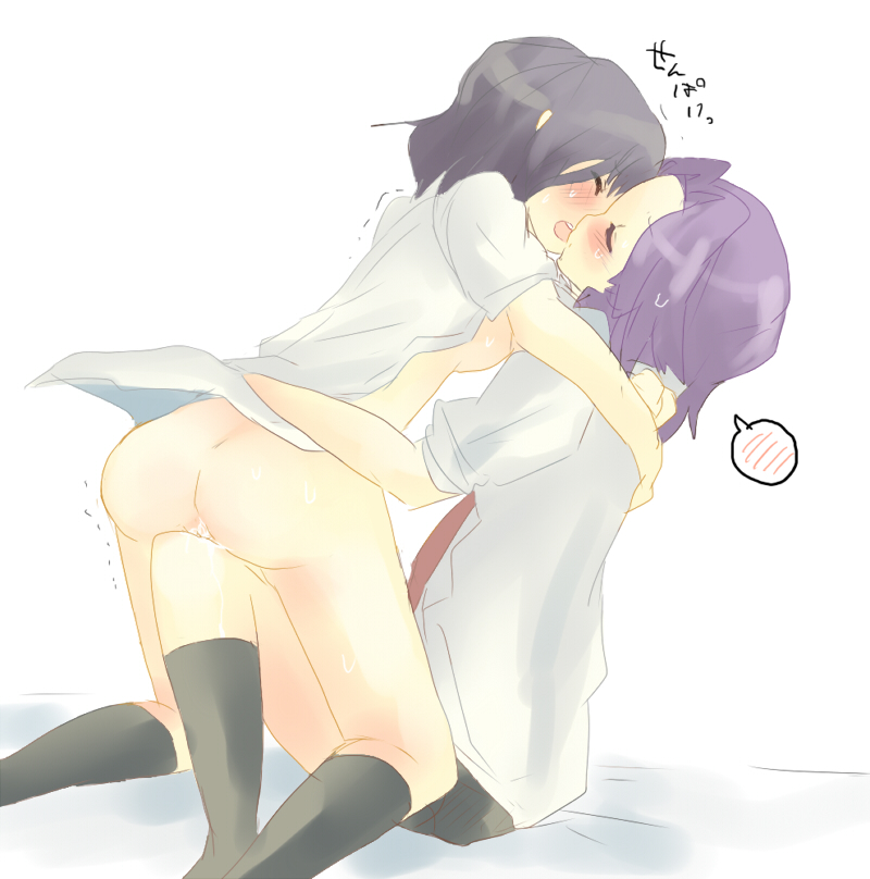 pun2, kajiki yumi, kujiki yumi, touyoko momoko, saki (manga), bad id, bad pixiv id, 00s, 2girls, ass, black hair, blush, breasts, closed eyes, crotch rub, hug, multiple girls, naked shirt, necktie, purple hair, shirt, short hair, skirt, yuri