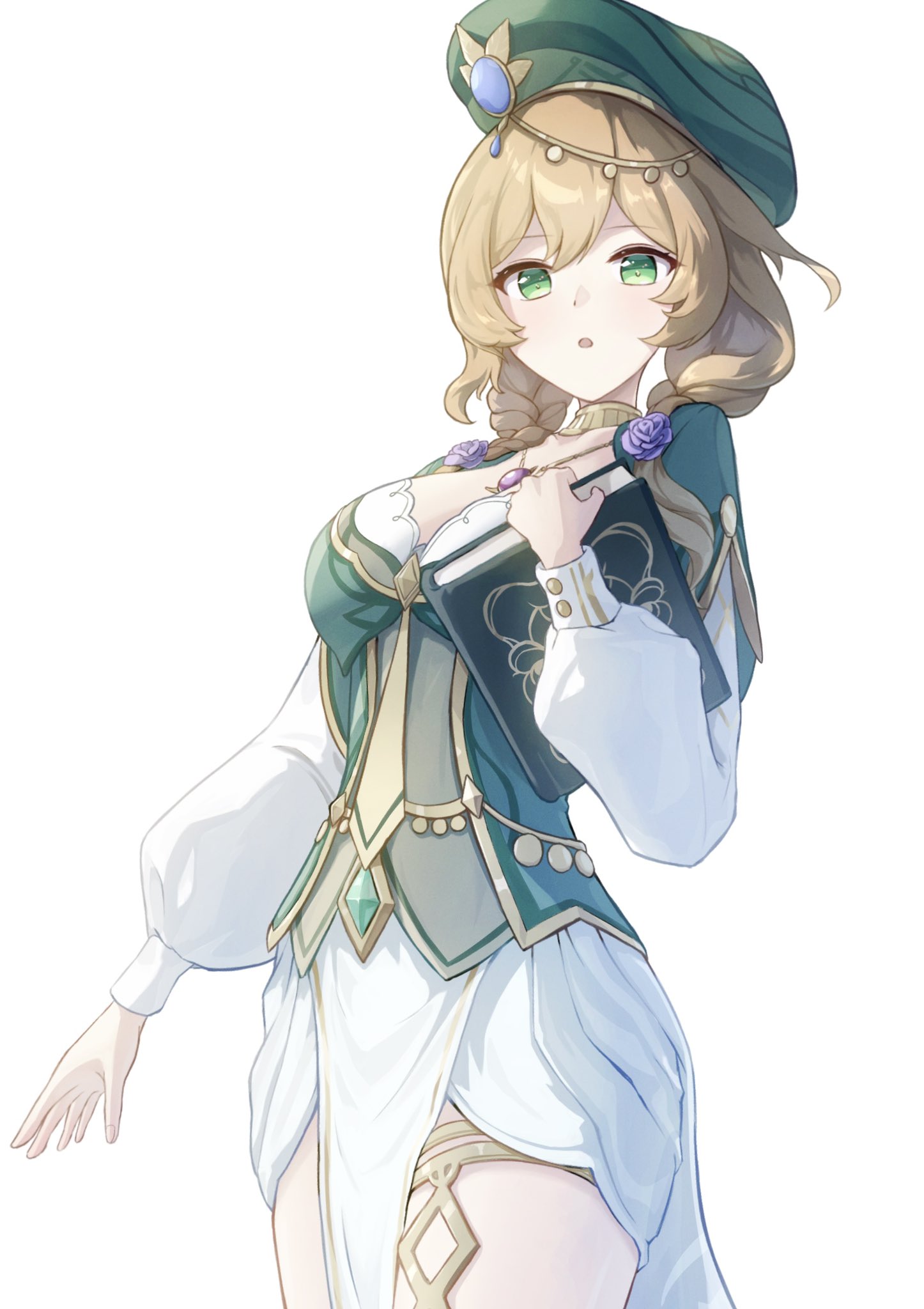 aimo wotku, lisa (a sobriquet under shade) (genshin impact), lisa (genshin impact), genshin impact, commentary request, highres, 1girl, book, breasts, brown hair, cowboy shot, green eyes, green hat, hat, holding, holding book, jewelry, large breasts, long sleeves, necklace, official alternate costume, parted lips, pelvic curtain, simple background, solo, white background