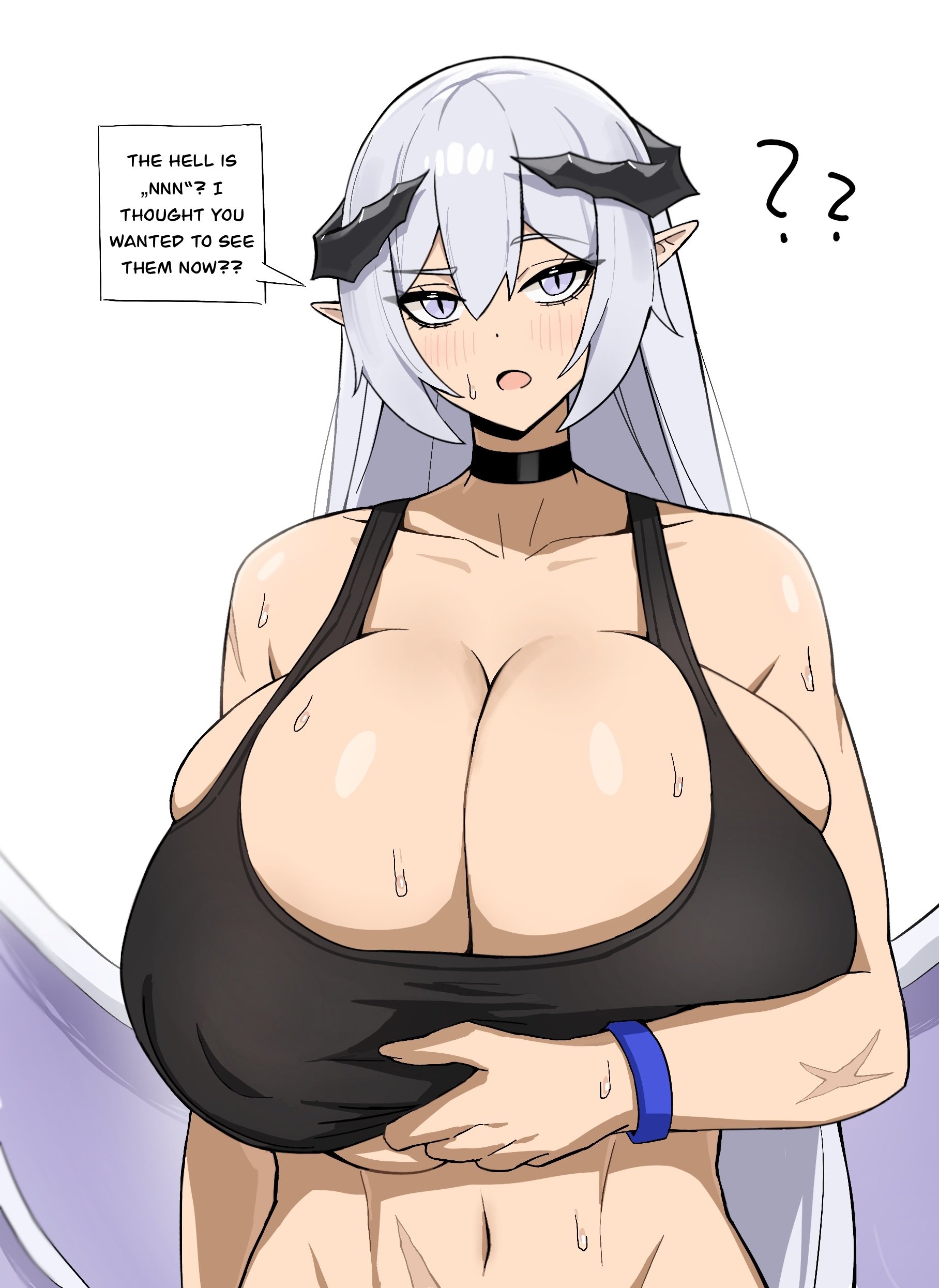 dotthebot, valenia (dotthebot), original, absurdres, highres, 1girl, black choker, black sports bra, breasts, choker, english text, hair between eyes, horns, long hair, pointy ears, purple eyes, smile, solo, speech bubble, sports bra, white background, white hair, wings