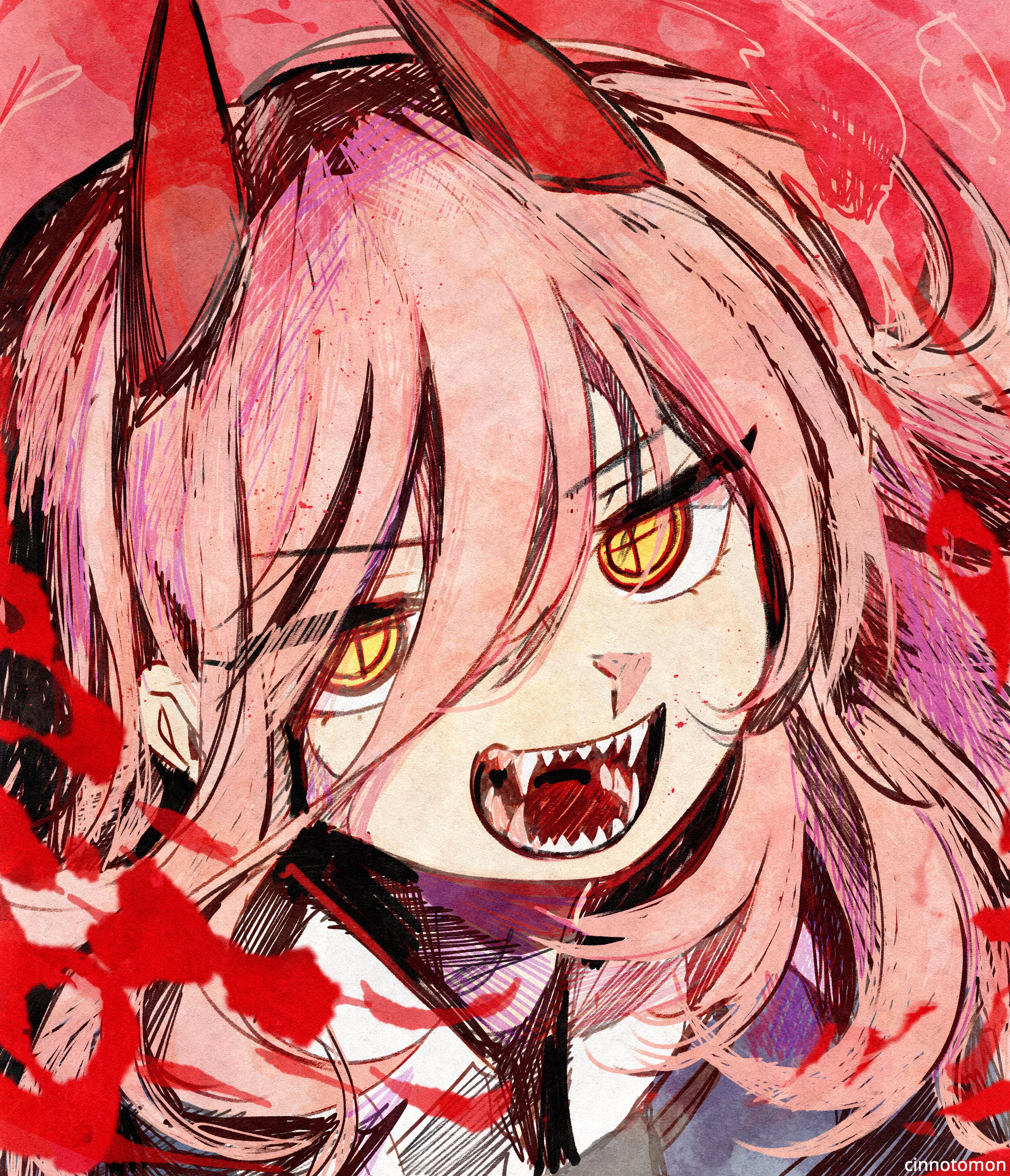 cinnotomon, power (chainsaw man), chainsaw man, absurdres, hashtag-only commentary, highres, 1girl, :d, artist name, black necktie, blood, collared shirt, cross-shaped pupils, demon girl, demon horns, double-parted bangs, eyes visible through hair, fangs, from above, hair between eyes, hatching (texture), horns, jitome, long hair, long hair between eyes, looking at viewer, necktie, open mouth, pink hair, portrait, red background, red horns, sharp teeth, shirt, simple background, smile, solo, swept bangs, symbol-shaped pupils, teeth, v-shaped eyebrows, white shirt, yellow eyes