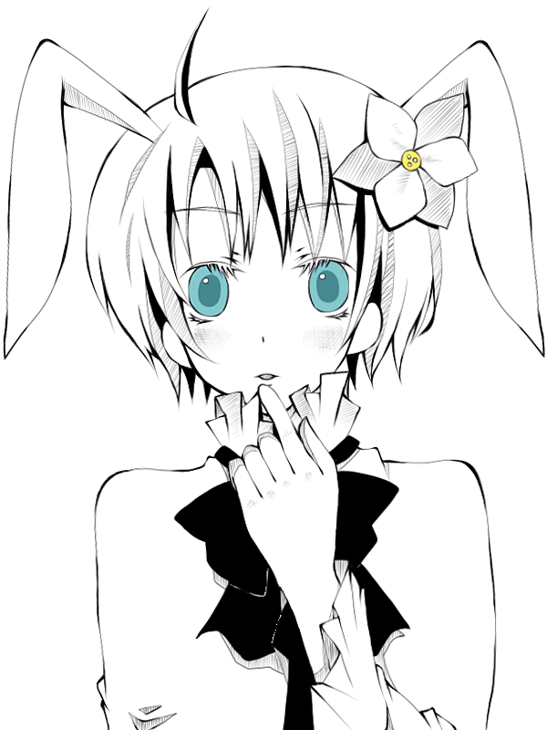 shuuya natsune, bad id, bad pixiv id, animal ears, blue eyes, blush, greyscale, hair ornament, monochrome, rabbit ears, ribbon, short hair, solo, spot color