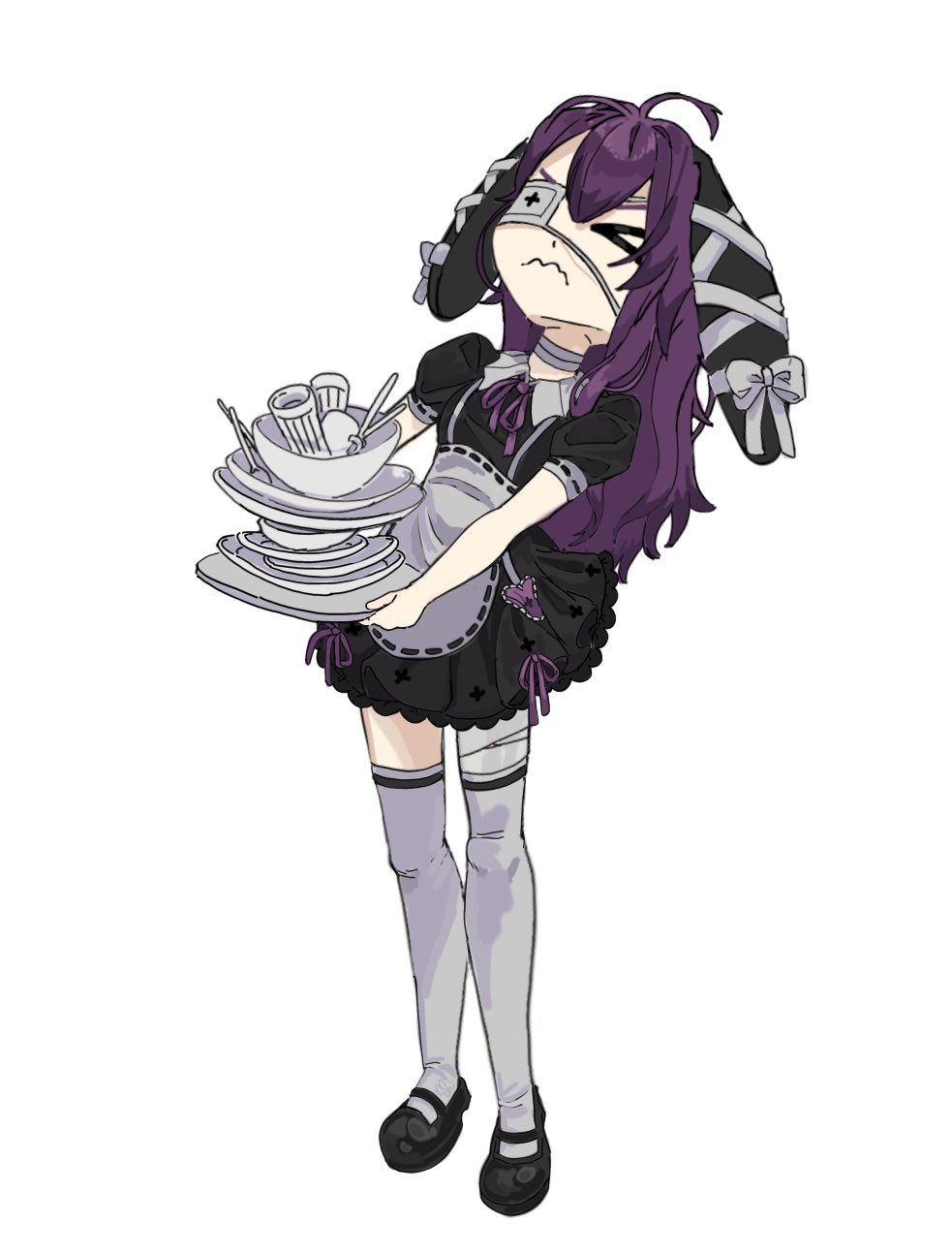 k mugu, yawners, indie virtual youtuber, 1girl, 2025, ahoge, dishes, eyepatch, purple hair, solo, standing, white background