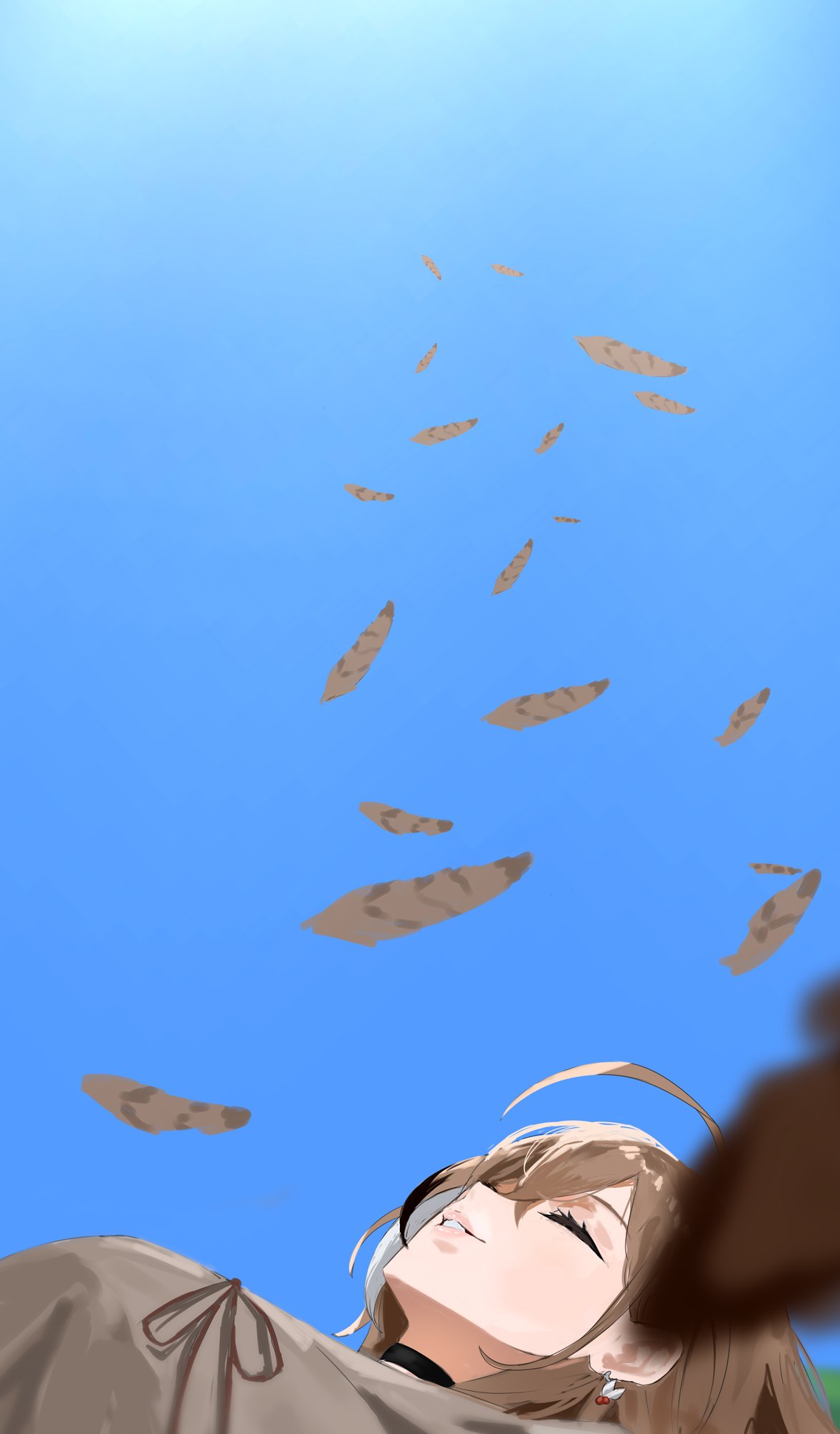 redi (rasec asdjh), nanashi mumei, hololive, hololive english, highres, 1girl, black choker, blue sky, brown hair, brown ribbon, choker, closed eyes, day, feathers, lying, on back, outdoors, ribbon, sky, solo, virtual youtuber