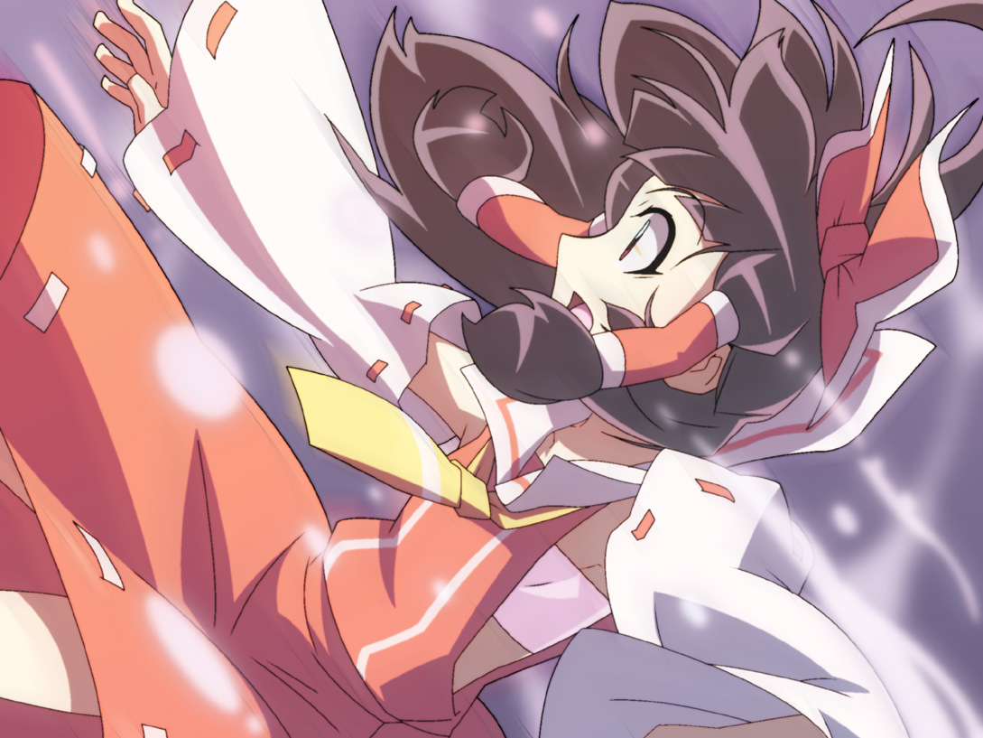 shokkin, hakurei reimu, touhou, 1girl, detached sleeves, falling, female focus, japanese clothes, miko, sarashi, solo
