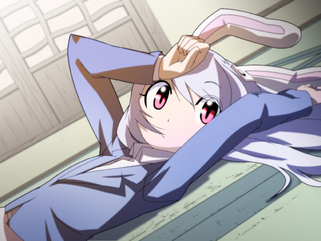 shokkin, reisen udongein inaba, touhou, hand on forehead, 1girl, animal ears, blazer, dutch angle, female focus, jacket, looking at viewer, lying, on back, on floor, pink eyes, rabbit ears, shading eyes, solo, tatami