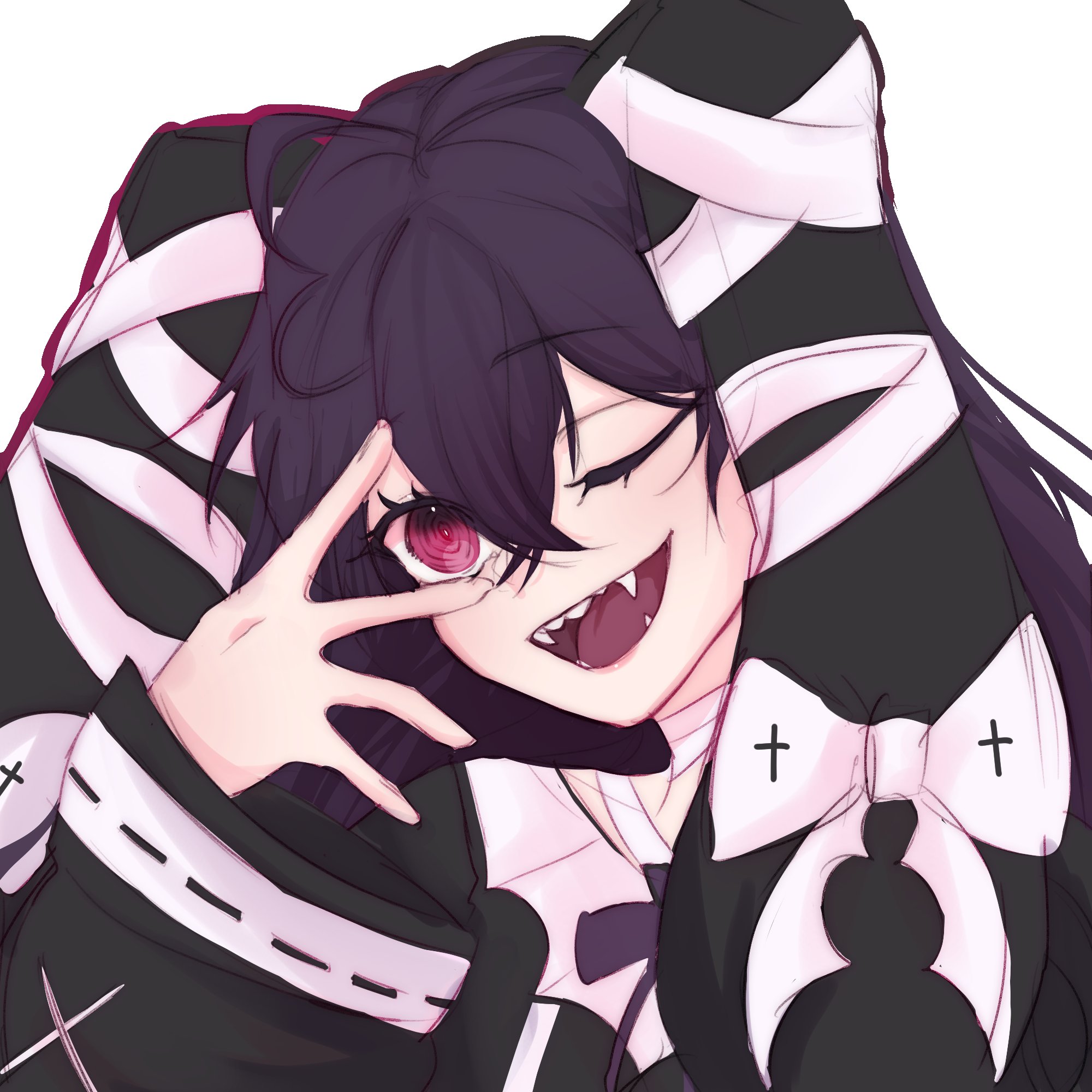 meatokki, yawners, indie virtual youtuber, 1girl, 2025, fangs, one eye closed, open mouth, solo, vampire, wink