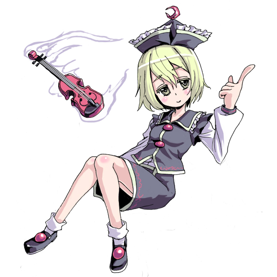 kumadano, lunasa prismriver, touhou, 1girl, female focus, full body, hat, instrument, short hair, simple background, socks, solo, violin, white background