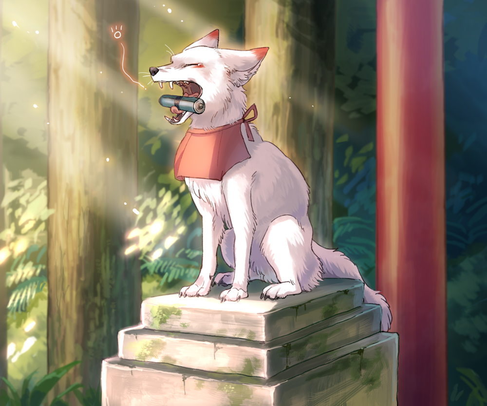 ginziro, original, animal, animal ear fluff, animal ears, animal focus, closed eyes, fox, fox ears, fox tail, kitsune, open mouth, outdoors, scroll, scroll tube, sitting, tail, yawning