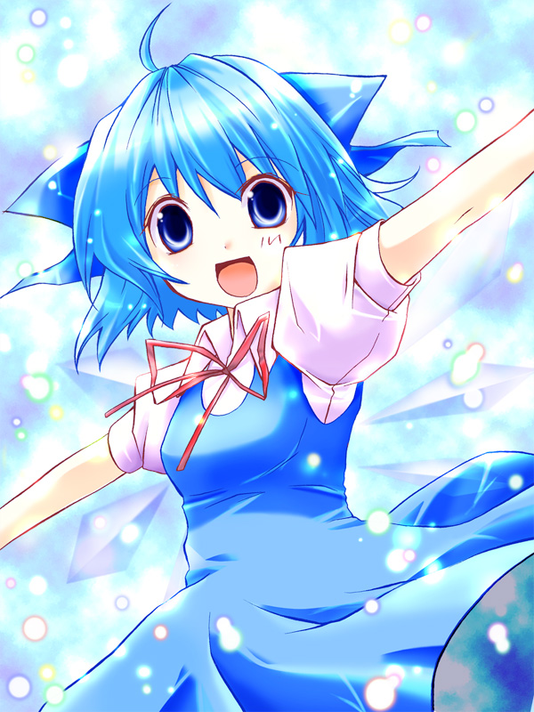 misato miyu, cirno, embodiment of scarlet devil, touhou, bad id, bad pixiv id, 1girl, blue eyes, blue hair, female focus, light particles, looking at viewer, matching hair/eyes, outstretched arms, short hair, solo, spread arms, wings