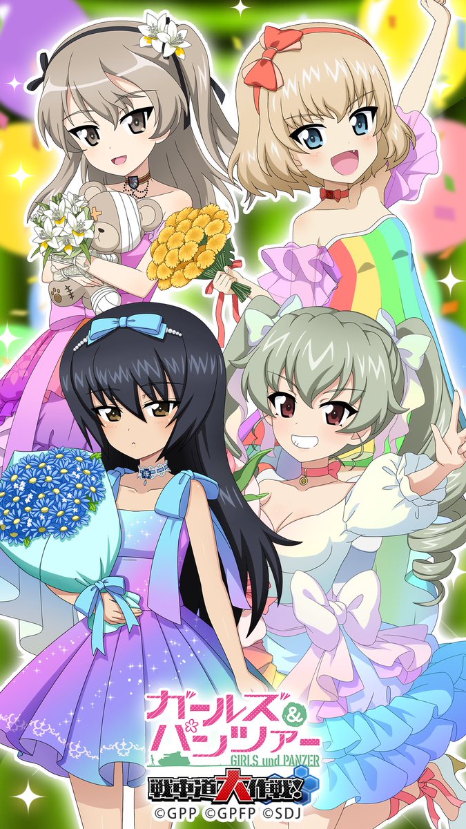 anchovy (girls und panzer), boko (girls und panzer), katyusha (girls und panzer), reizei mako, shimada arisu, girls und panzer, girls und panzer senshadou daisakusen!, highres, official art, official wallpaper, 4girls, ankle ribbon, anzio (emblem), balloon, bare arms, bare legs, bare shoulders, black hair, black ribbon, blonde hair, blue bow, blue choker, blue eyes, blue flower, blue ribbon, blurry, blush, bouquet, bow, breasts, brown eyes, brown hair, choker, cleavage, clenched hand, collarbone, confetti, copyright name, daisy (flower), depth of field, dress, drill hair, emblem, expressionless, fang, floral print, flower, frilled dress, frills, gradient clothes, gradient dress, green background, green bow, green hair, hair between eyes, hair bow, hairband, high-low dress, high heels, holding, holding bouquet, holding stuffed toy, leg ribbon, legs, long hair, looking at viewer, medium hair, multiple girls, one side up, ooarai (emblem), open mouth, outstretched hand, pink background, pink choker, pink flower, pink ribbon, pleated dress, pravda (emblem), puffy sleeves, purple bow, rainbow dress, rainbow gradient, red bow, red eyes, ribbon, see-through clothes, see-through sleeves, shoes, short dress, short hair, sleeveless, sleeveless dress, smile, sparkle print, st. gloriana's (emblem), standing, standing on one leg, strapless, strapless dress, stuffed animal, stuffed toy, thighs, tulip, twin drills, w, white flower, white shoes, yellow flower