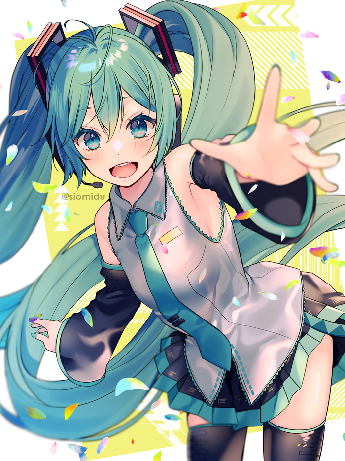 siomidu, hatsune miku, vocaloid, 1girl, anniversary, aqua eyes, aqua hair, aqua necktie, artist name, black thighhighs, breasts, detached sleeves, long bangs, medium breasts, necktie, open mouth, pale skin, shoulder tattoo, solo, tattoo, teeth, thighhighs, tongue, twintails, upper teeth only, white background, yellow background