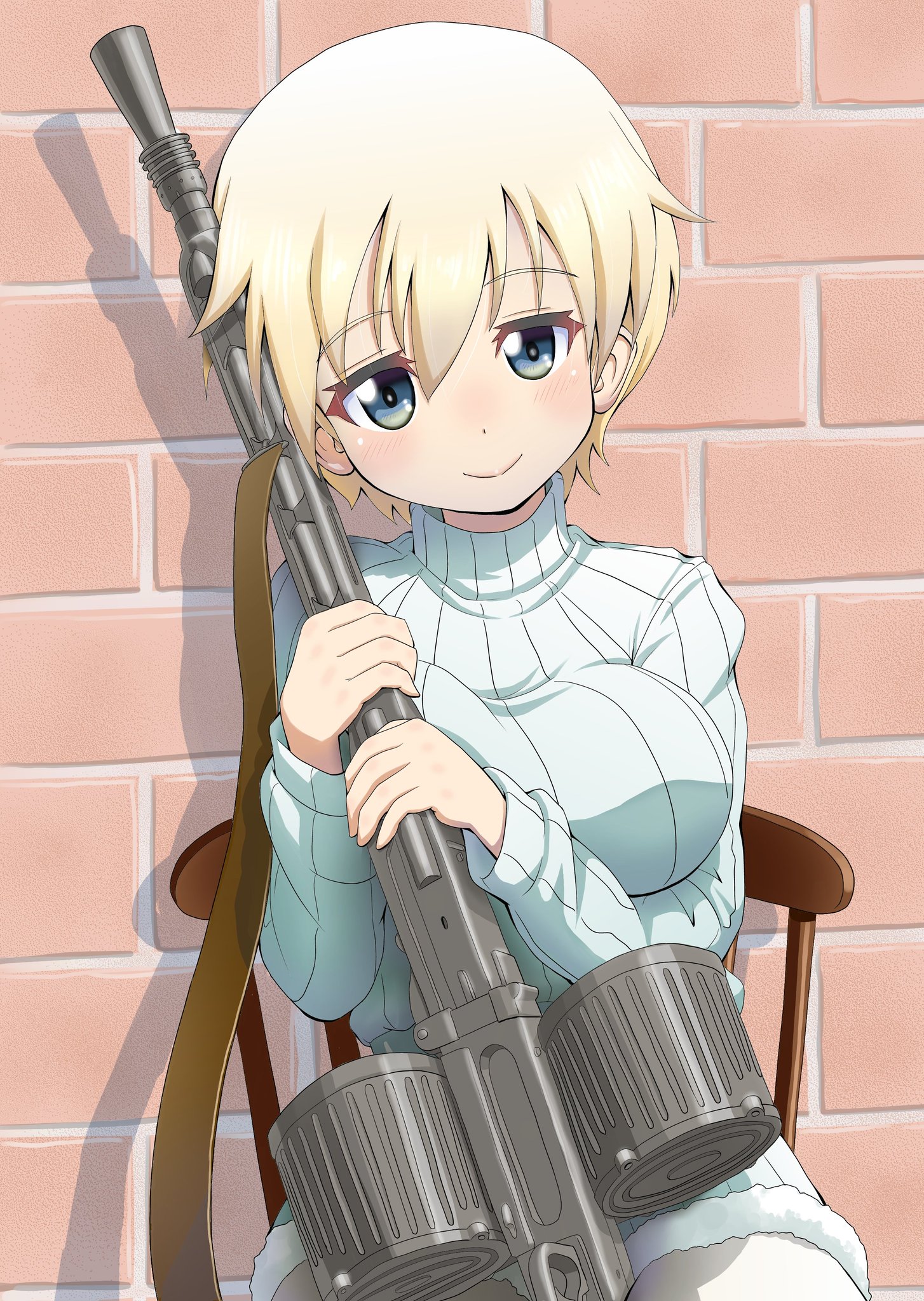 nikka edvardine katajainen, brave witches, world witches series, highres, 1girl, blonde hair, blue eyes, blue sweater, blush, breasts, brick wall, chair, gun, holding, holding gun, holding weapon, large breasts, looking at viewer, machine gun, mg42, on chair, orokana nekku guusu, pantyhose, short hair, sitting, smile, solo, sweater, turtleneck, upper body, weapon, white pantyhose