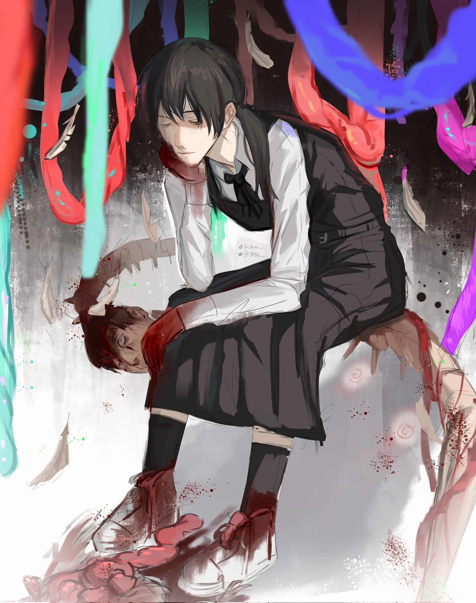 mitaka asa, tanaka (chainsaw man), chainsaw man, highres, 1girl, black dress, black hair, black socks, dress, fourth east high school uniform, hand on own face, intestines, krysa, long hair, long sleeves, pinafore dress, school uniform, severed head, shirt, sleeveless, sleeveless dress, socks, solo, spine sword, white shirt