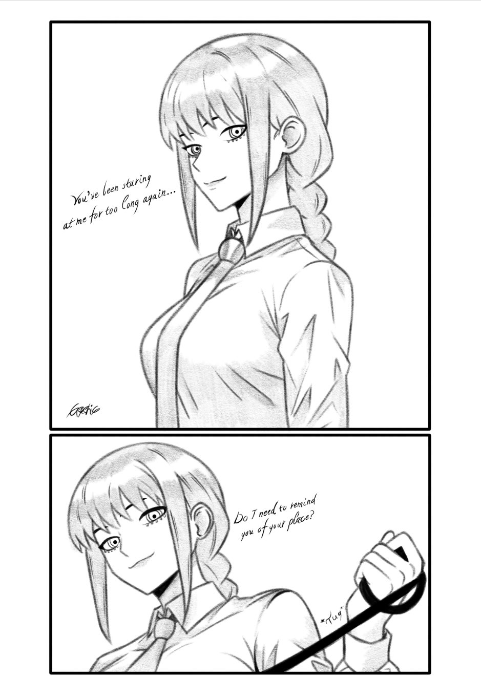 graphicthereal, makima (chainsaw man), chainsaw man, commentary, english commentary, highres, 1girl, braid, braided ponytail, closed mouth, collared shirt, english text, greyscale, holding, holding leash, leash, long hair, long sleeves, looking at viewer, monochrome, necktie, shirt, sidelocks, solo