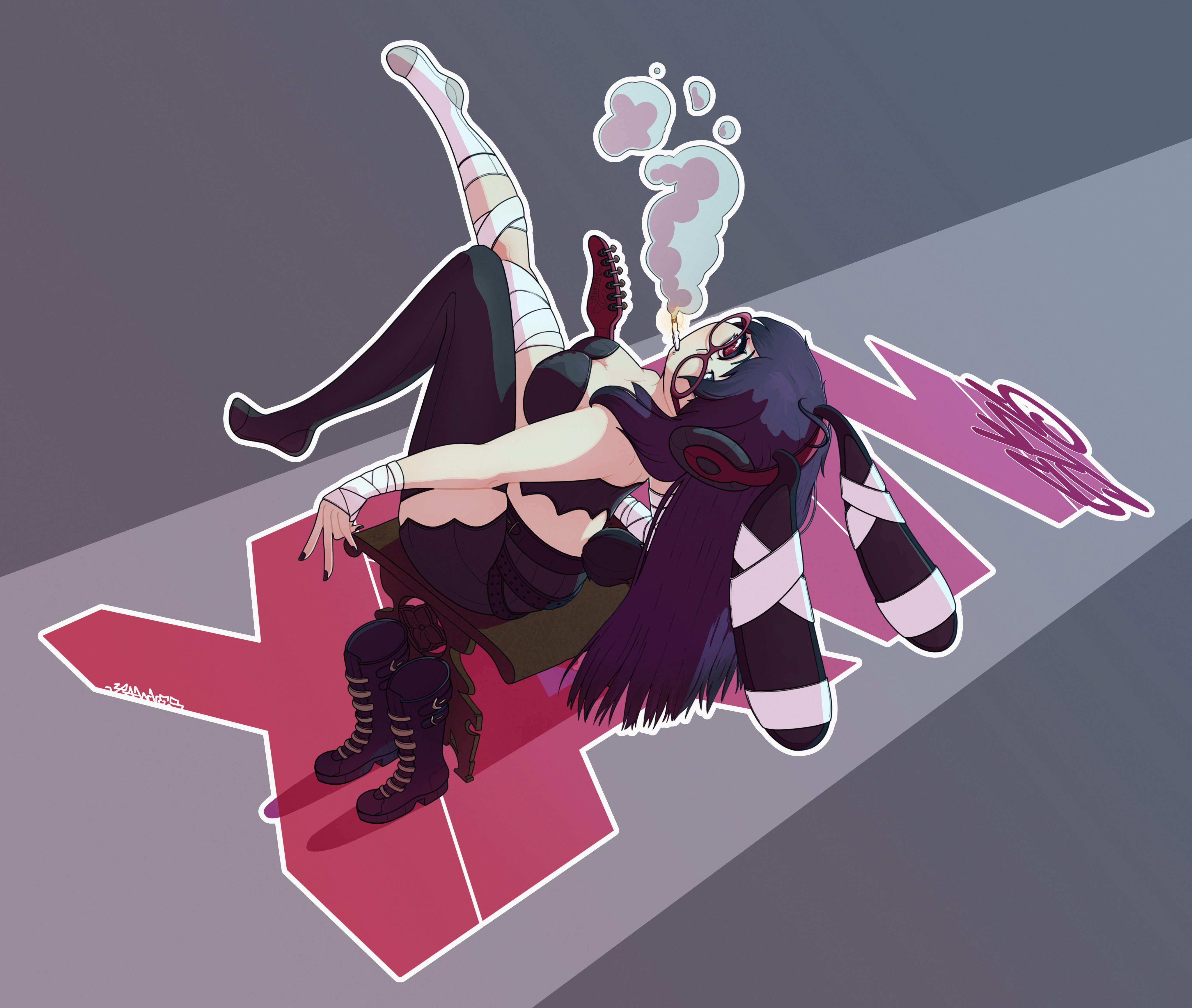 sarso, yawners, indie virtual youtuber, 1girl, 2025, bandages, black hair, boots, glasses, guitar, instrument, leaning back, sitting