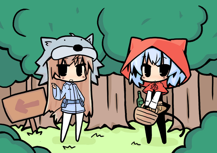luu, big bad wolf, eila ilmatar juutilainen, little red riding hood (fairy tale character), sanya v. litvyak, little red riding hood (fairy tale), strike witches, world witches series, 2girls, animal ears, animal hat, basket, big bad wolf (cosplay), black pantyhose, chibi, cosplay, hat, little red riding hood (fairy tale character) (cosplay), multiple girls, pantyhose, parody, white pantyhose, wolf ears