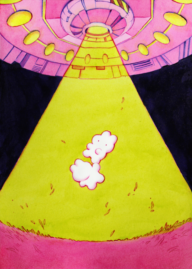 rii abrego, original, commentary, english commentary, traditional media, abduction, alternate colored grass, black background, floating, flying saucer, grass, light rays, night, no humans, outdoors, rabbit, red eyes, science fiction, solid eyes, spacecraft, tractor beam, ufo, undersized animal, white rabbit (animal), yellow light