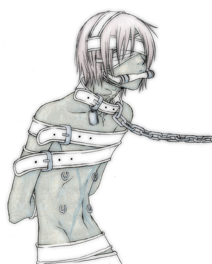 kau, togainu no chi, 1boy, arms behind back, bdsm, blindfold, bondage, bound, chain, collar, gag, male focus, monochrome, nude, piercing, scar, simple background, solo, strap