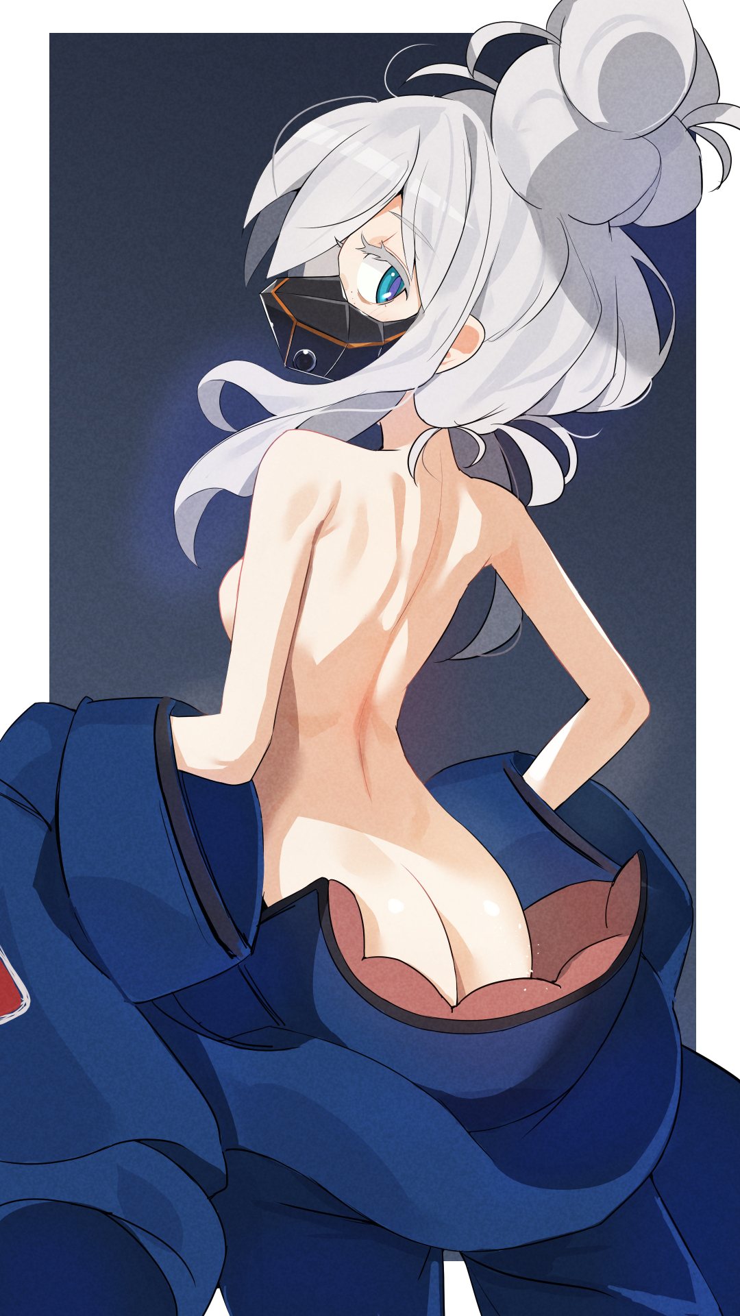 blaze (blazeillust), deux murasame, gundam, gundam gquuuuuux, commentary request, highres, 1girl, arched back, ass, blue eyes, blue pupils, breasts, colored eyelashes, freckles, from behind, grey background, grey hair, hair bun, long hair, looking at viewer, looking back, looking to the side, mask, mecha pilot suit, median furrow, mouth mask, nude, petite, sidelocks, small breasts, solo, undressing, updo