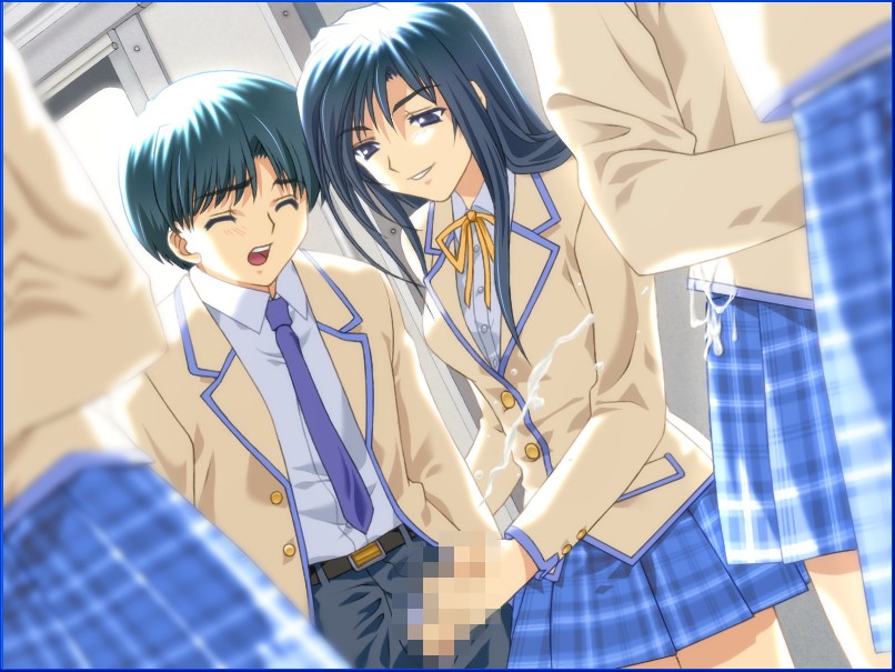 fairytale, melancholy of the sheep, game cg, 1boy, blue eyes, blue hair, censored, chijo, chikan, closed eyes, cum, cum on clothes, ejaculation, green hair, handjob, miniskirt, molestation, mutual masturbation, naughty face, penis, public indecency, school uniform, skirt