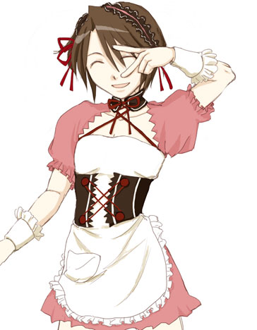 koizumi itsuki, suzumiya haruhi no yuuutsu, lowres, 1boy, ^ ^, apron, closed eyes, corset, cosplay, crossdressing, crossdressing (mtf), cuffs, hairband, maid, maid apron, male focus, male maid, solo, trap