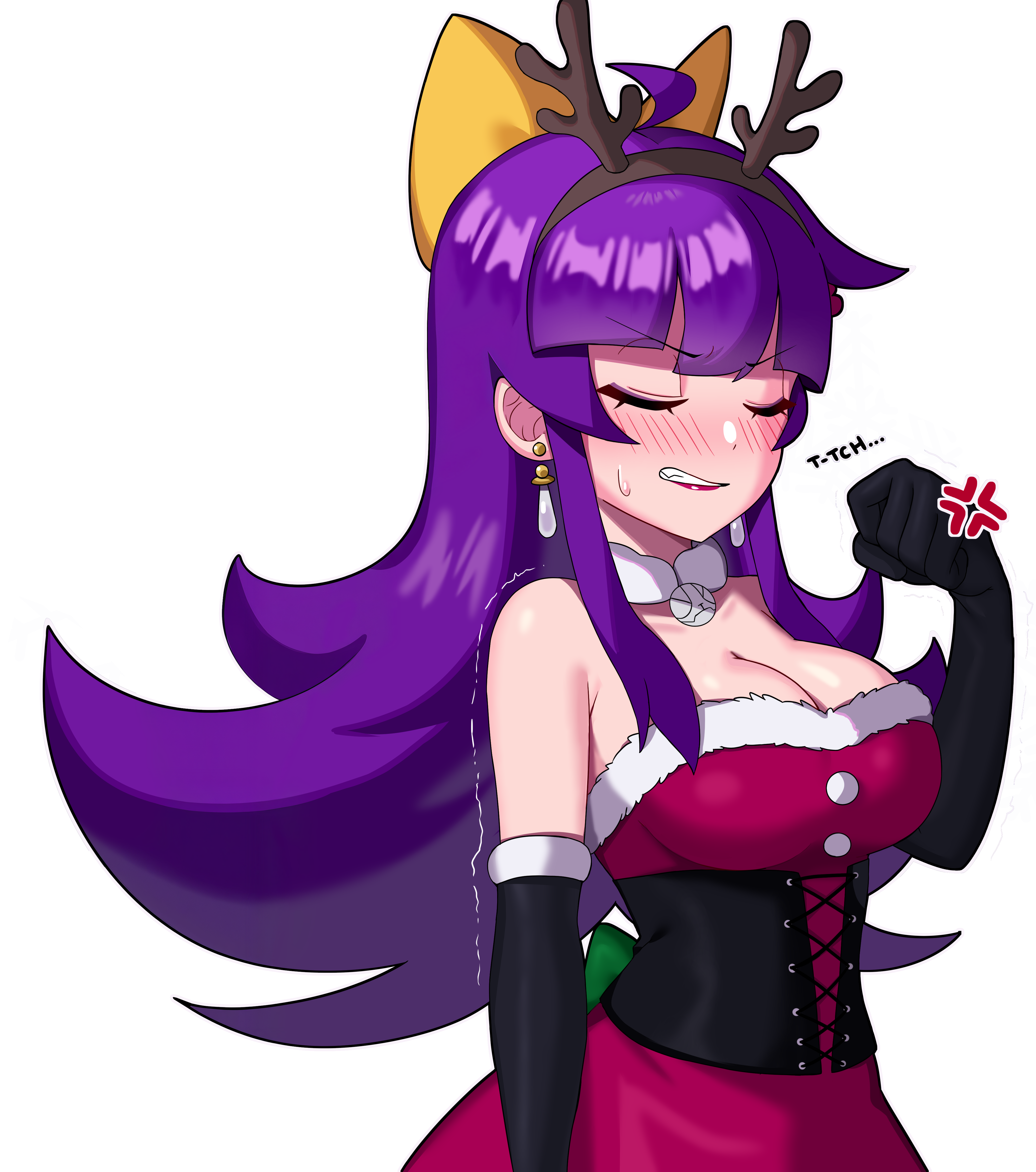 sarukaiwolf, violentine (sarukaiwolf), original, absurdres, highres, 1girl, ahoge, anger vein, antlers, artist name, bare shoulders, black gloves, blush, boots, bow, breasts, choker, christmas, cleavage, clenched hand, clenched teeth, closed eyes, dress, earrings, elbow gloves, fake antlers, fishnet thighhighs, fishnets, full body, fur-trimmed dress, fur trim, garter straps, gloves, hair bow, hair ornament, hairband, hat, horns, jewelry, large breasts, lipstick mark, long hair, purple eyes, purple hair, red dress, reindeer antlers, santa costume, santa dress, santa hat, sidelocks, skull hair ornament, speech bubble, strapless, strapless dress, teeth, thighhighs, transparent background, trembling, yellow bow