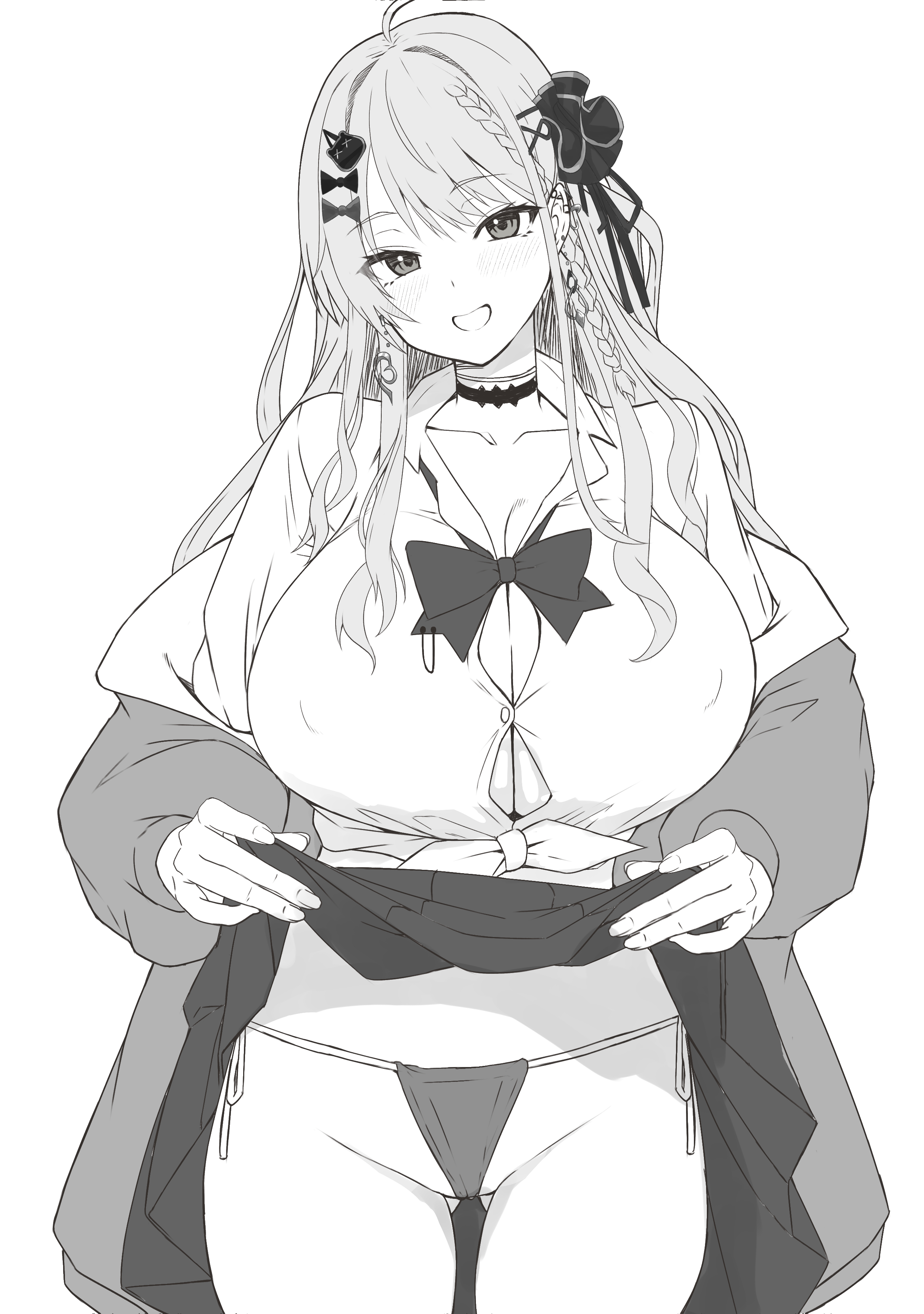 ebi 193, kuramochi meruto, kuramochi meruto (school uniform), nijisanji, absurdres, highres, 1girl, ahoge, bear hair ornament, blush, bow, bowtie, breasts, button gap, choker, cleavage, clothes lift, collarbone, collared shirt, covered erect nipples, ear piercing, earrings, fingernails, gluteal fold, greyscale, grin, hair bow, hair ornament, hair scrunchie, hairclip, huge breasts, jacket, jewelry, lifting own clothes, long hair, long sleeves, looking at viewer, monochrome, panties, piercing, scrunchie, shirt, simple background, skirt, skirt lift, smile, solo, thighs, tied shirt, underwear, virtual youtuber, white background